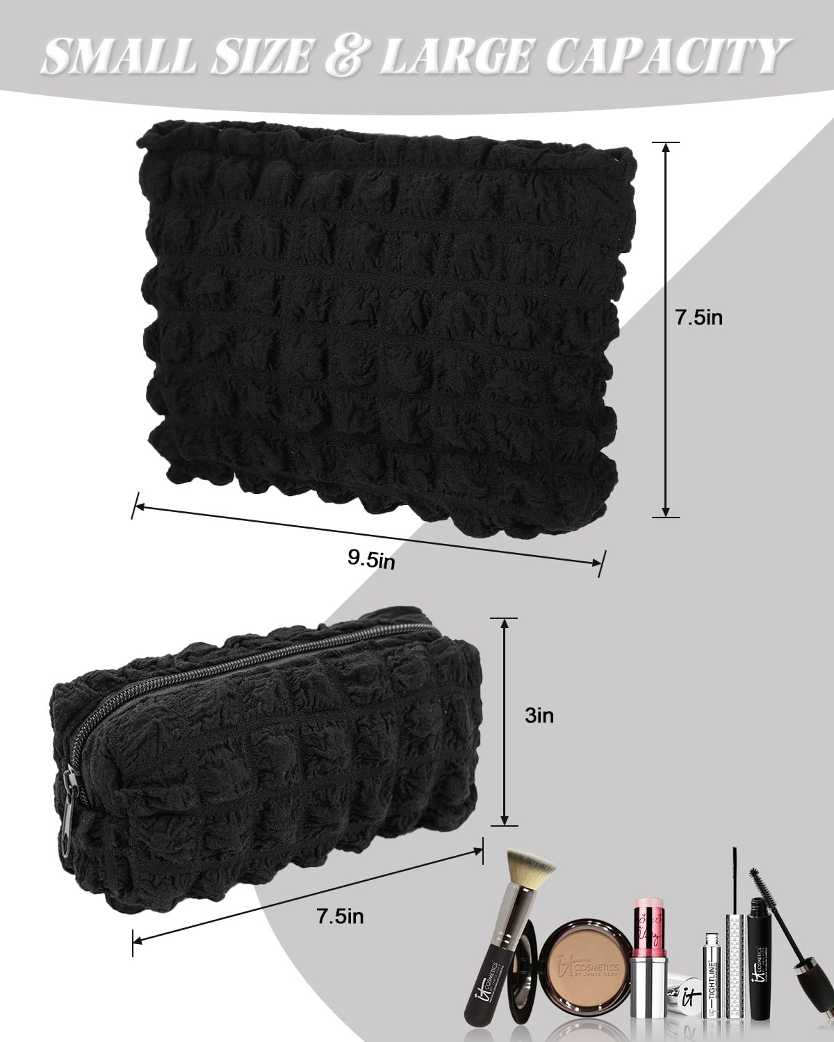 2Pcs Women's Travel Makeup Bag Set - Small Cute Cloud Checkered Cosmetic & Toiletry Pouch for Purse (Black) | Perfect Gift for Her, Ideal for Daily Use, Travel & Organization