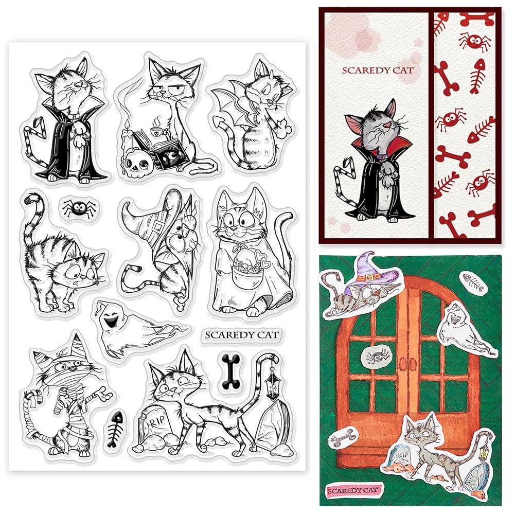 INFUNLY Halloween Cat Clear Stamp - Black Cat Silicone Rubber Stamp for Card Making, DIY Scrapbooking, Photo Albums & Embossing | Perfect for Halloween Crafts, DIY Journals & Spooky Decorations