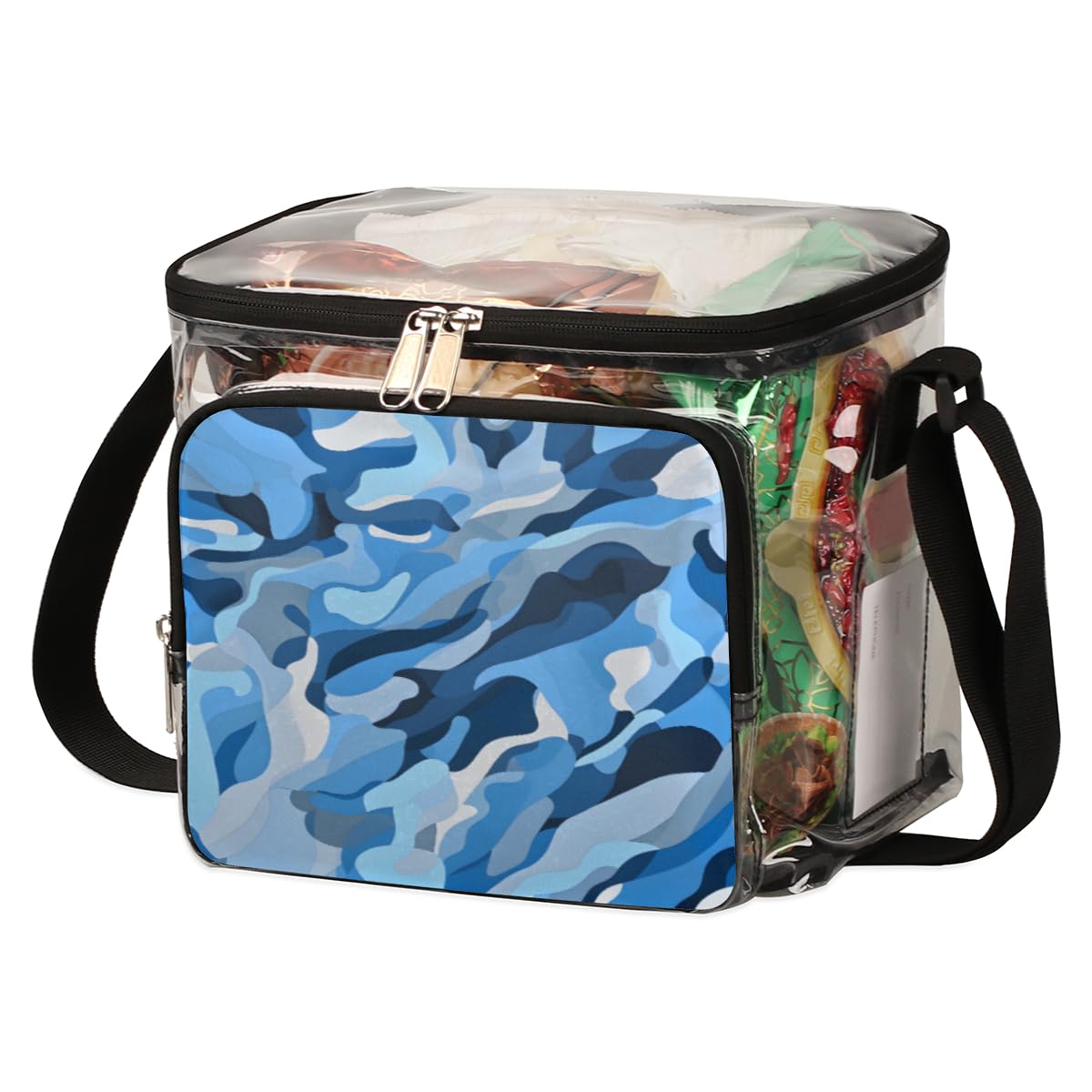 Blue Camouflage Clear Tote Bag with Handles - Transparent Crossbody Shoulder Bag for Lunch, Outdoor, Travel, Picnic, Concerts & Sports Events | Stadium Approved Abstract Camo Skin Design | Perfect for Beach Days, Music Festivals and Shopping Trips
