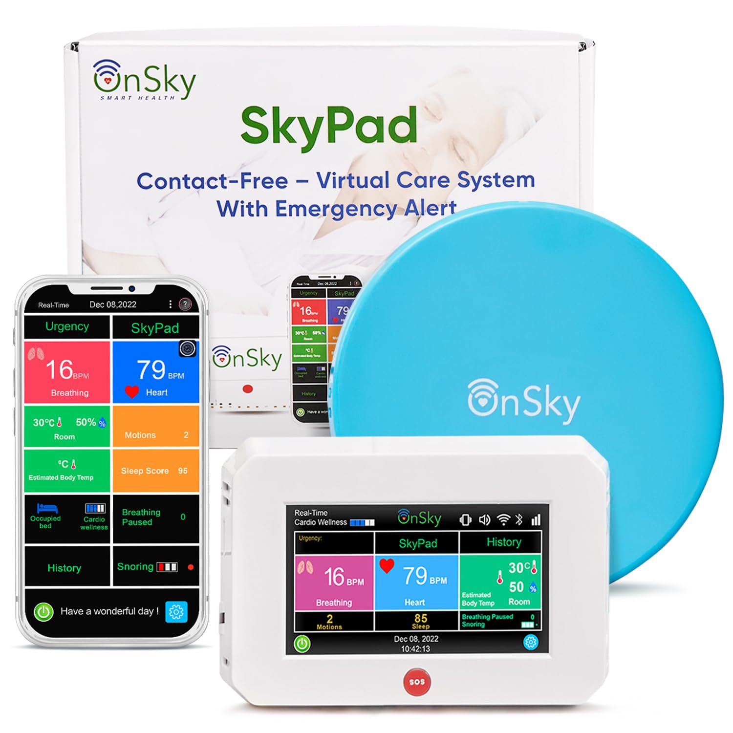 OnSky SkyPad Contactless Heart Rate & Breathing Monitor for Seniors & Home Care - Track Vital Signs, Movement & Sleep - Wireless Health Monitoring with Touchscreen Display & Urgency Alerts - Ideal for Elderly Care, Remote Patient Monitoring & Home Wellness
