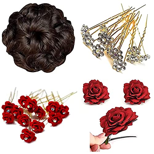 12Pcs Silver Crystal Juda Hair Pins & 12Pcs Rose Flower Hair Pins with Bridal Burgundy Velvet Hair Clip - Women's Hair Extension Set for Weddings, Parties & Special Occasions