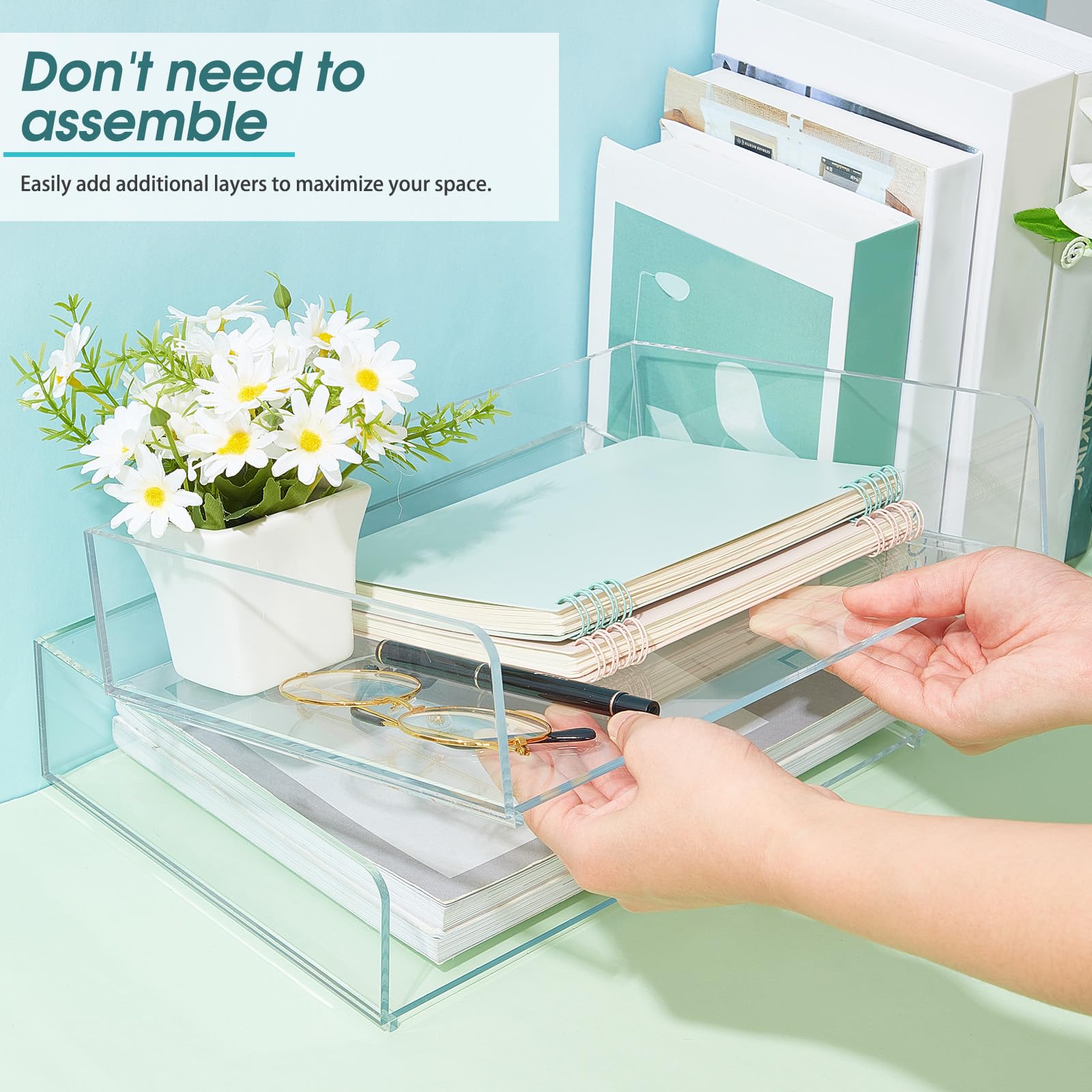 Yulejo 2-Pack Clear Acrylic Stackable Desk Organizer Trays - 12.4 x 8.74 x 2.68 Inch Office Document & Paper File Holder for Workspace Organization - Perfect for Home Office, School Desk, and Office Workspace Accessories