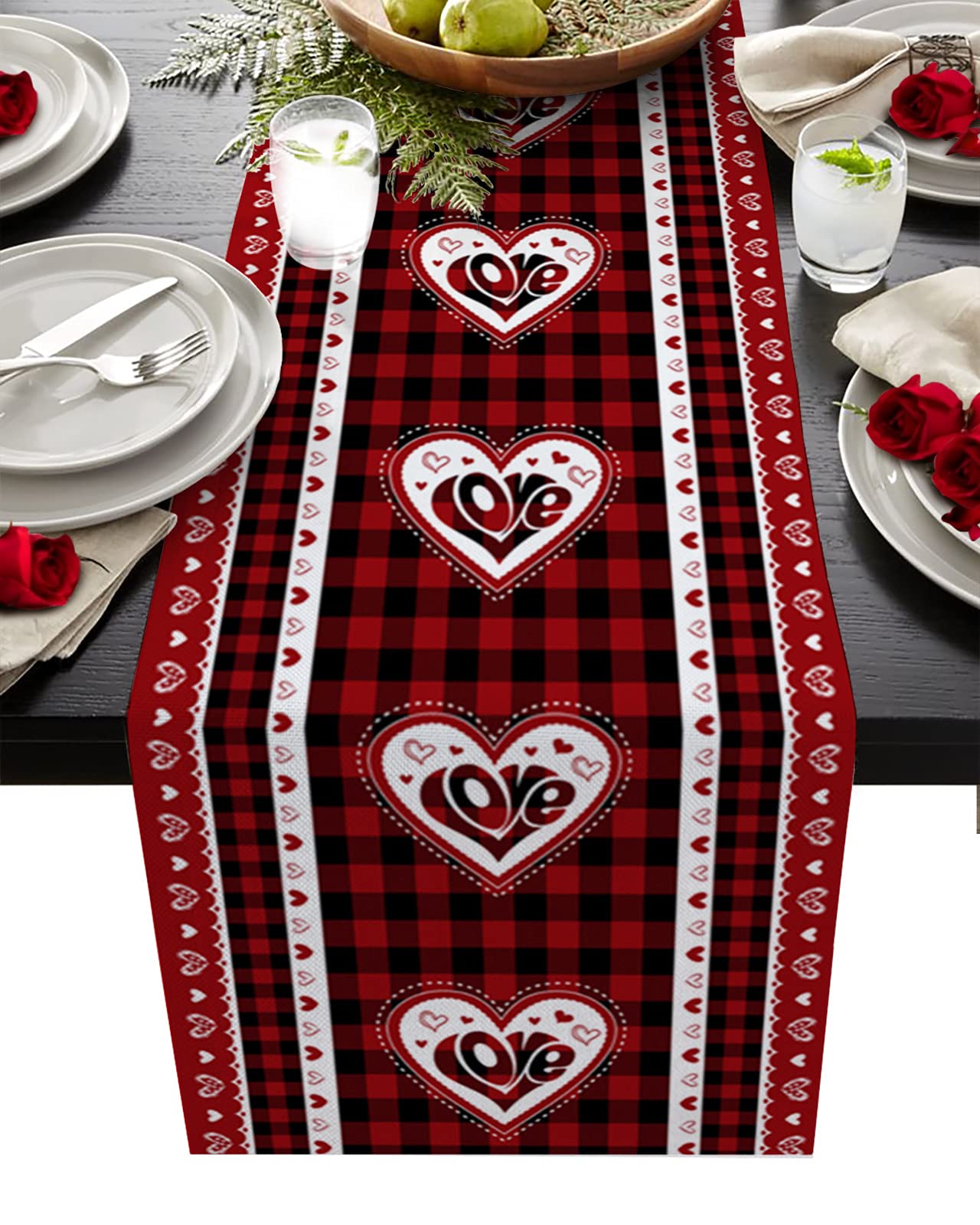 120-inch Cotton Linen Table Runner - Heart Shaped Buffalo Plaid Tablecloth for Dining Table, Kitchen & Bedroom Decor | Dresser Scarf & Decorative Table Cover for Rustic Farmhouse Style