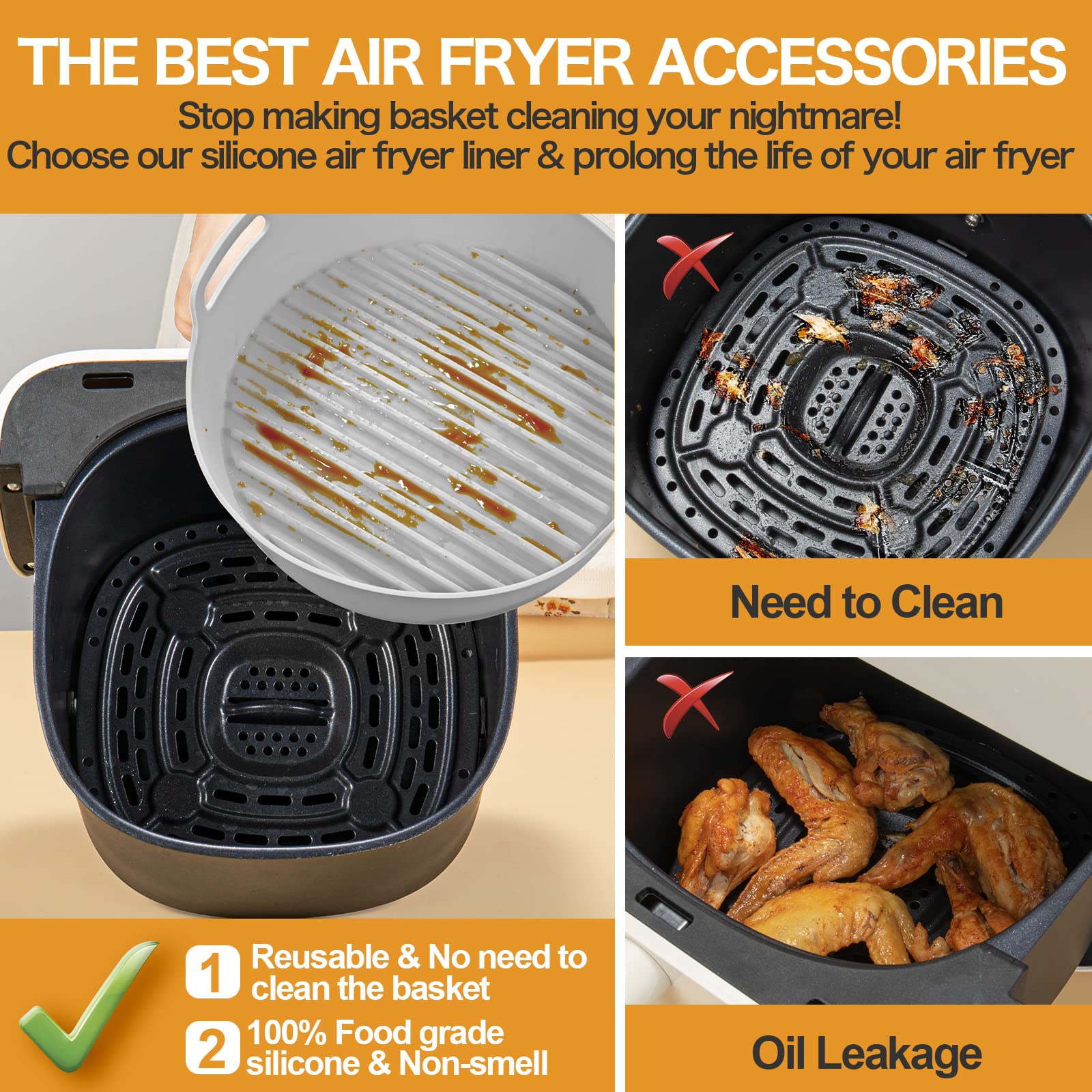 Reusable Silicone Air Fryer Liners - 9 Inch Heat Resistant, Food Safe Bowl for Ninja Foodi, Microwave, Coffee Maker & Blender (2-Pack, Grey) - Perfect for Baking, Roasting & Meal Prep