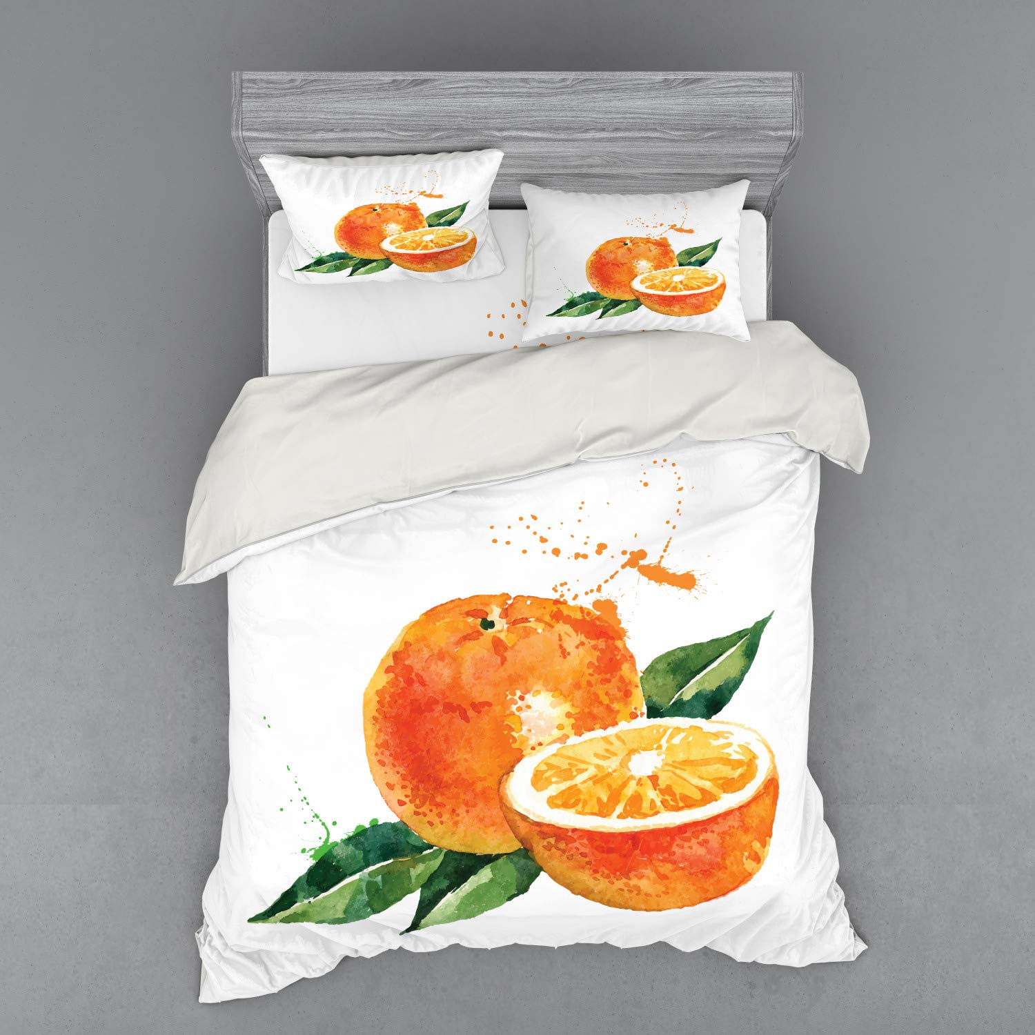 Ambesonne Fruit Bedding Set - Queen Size 3-Piece Duvet Cover with Sham & Fitted Sheet | Watercolor Orange Kitchen Print in Fern Green & Marigold | Soft Winter Motif Illustration | Perfect for Cozy Bedrooms, Guest Rooms & Farmhouse Decor