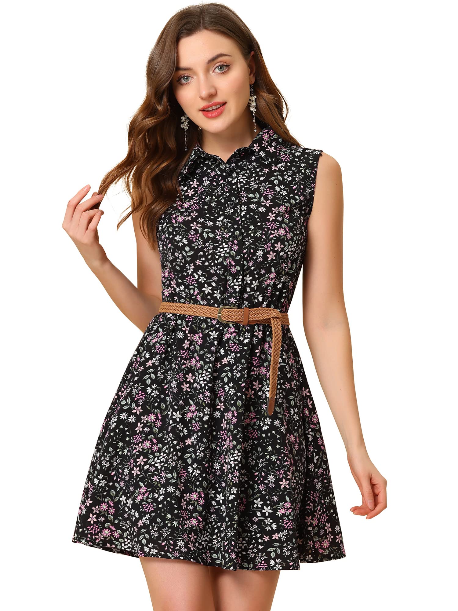 Allegra K Women's Floral Print Sleeveless Belted Midi Dress with Half Placket - Perfect for Summer Outings, Beach Vacations & Casual Date Nights