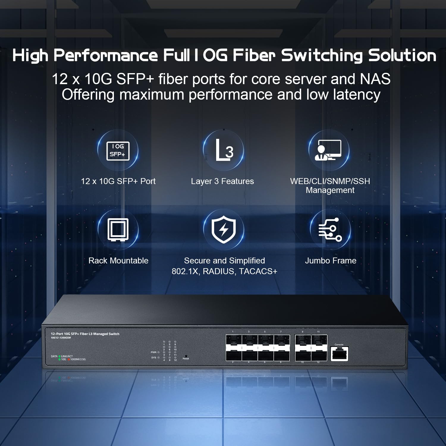 Binardat 12-Port 10G SFP+ Managed Switch - 1G/10G SFP Module Compatible, 240Gbps High-Speed Bandwidth, L3 Web/CLI Management, Metal Rackmount Fiber Optic Network Switch for Data Centers & Enterprise Networks