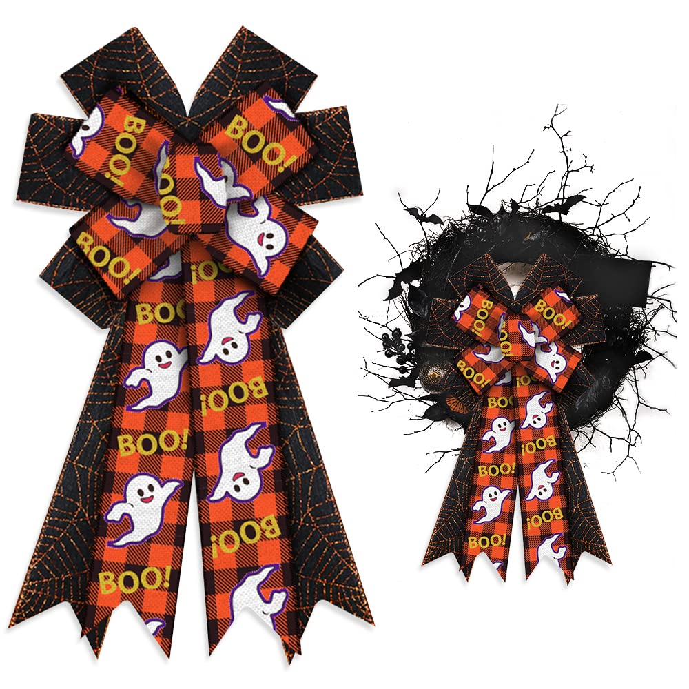 Halloween Wreath Bows - Large Ghost Orange Buffalo Plaid & Glitter Web Bows for Front Door Decor, Indoor Outdoor Wall Decorations - Perfect for Halloween Wreaths, Front Porch Decor, and Spooky Home Decorations