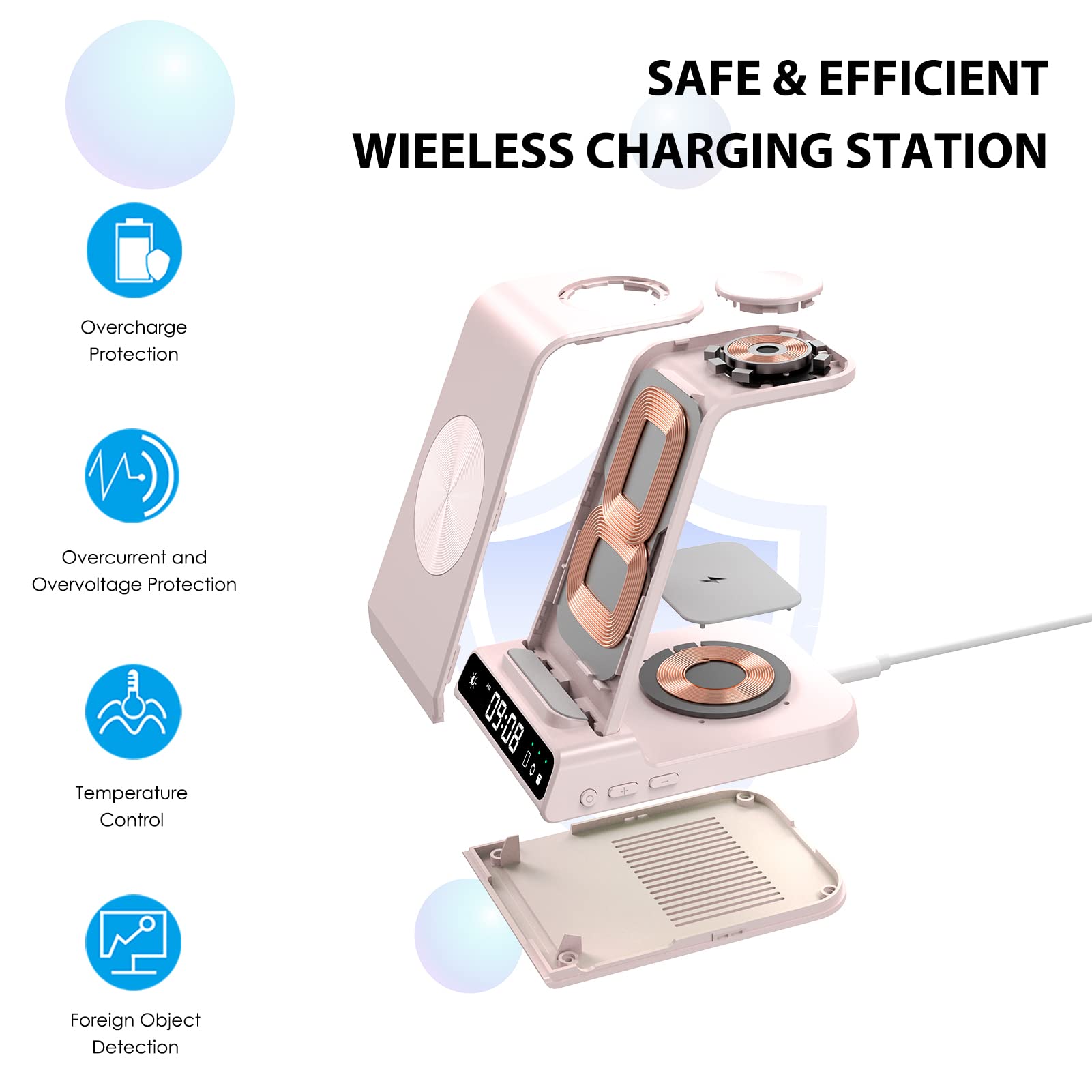 3-in-1 Wireless Charging Station with Digital Clock for Samsung Galaxy S25 Ultra/S24 Ultra/Z Flip 6/5/Fold 5/Buds 2 - Fast Charger for Galaxy Watch 7/6/5 Pro (Pink) | Perfect for Bedside, Office & Travel Use