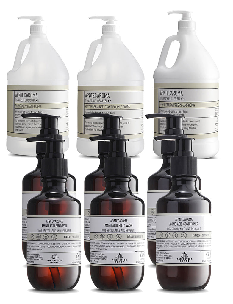 APOTECAROMA 3 Gallon Refillable Bulk Shampoo, Conditioner & Body Wash Combo with 6 Pre-Filled 200ML Pressure Pump Bottles | Salon, Spa & Home Use