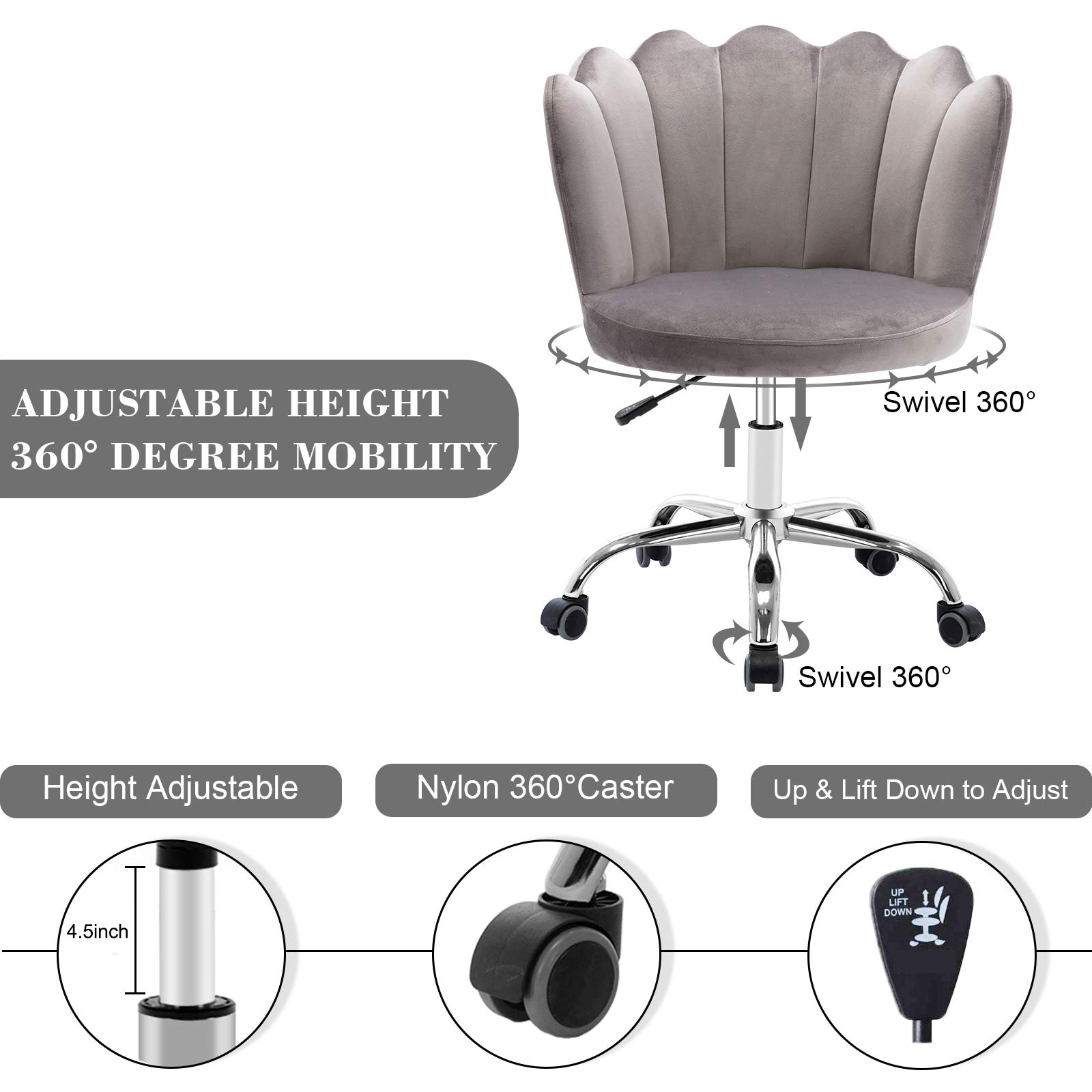 Velvet Desk Chair with Wheels - Modern Swivel Height Adjustable Office Chair, Upholstered Task Chair for Home Office, Living Room, Study & Vanity (Gray) - Perfect for Work, Gaming & Relaxation
