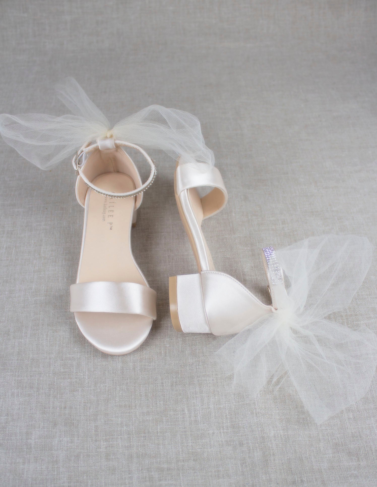 Ivory Tulle Back Bow Satin Block Heel Sandals for Women - Elegant Wedding, Party & Bridal Shoes for Special Occasions
