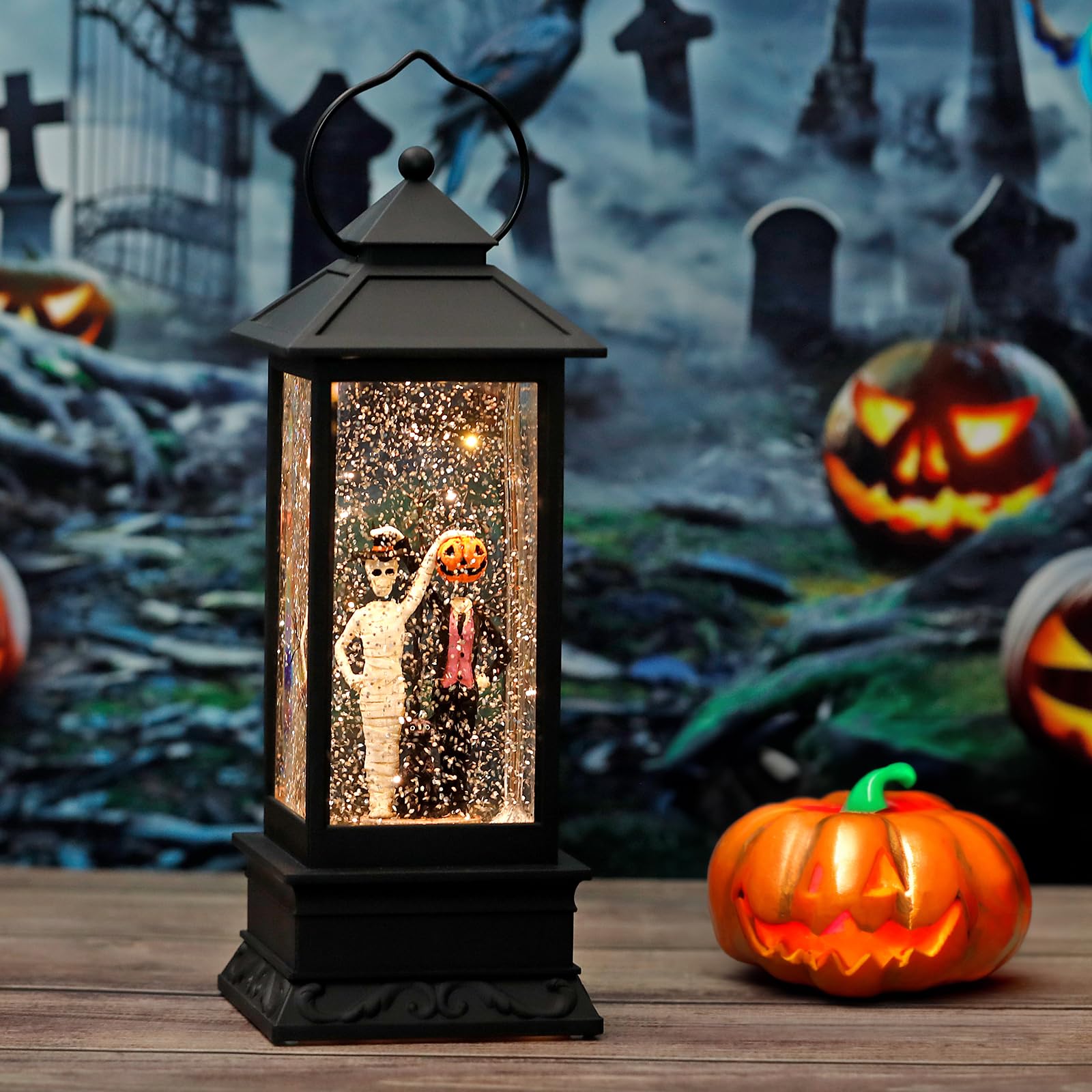 **Halloween Snow Globes with Skull & Black Cat Scene - Glittering LED Lantern with Timer, USB/Battery Powered for Spooky Home Decor - Perfect for Halloween Parties, Indoor & Outdoor Displays**