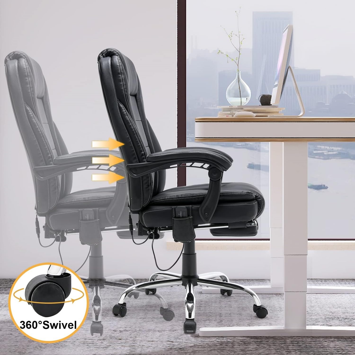 HOMREST 4-Point Massage Reclining Office Chair with Heating - Ergonomic Leather Executive Chair with Retractable Footrest - Adjustable Computer Desk Chair for Home Office, Study, Gaming & Relaxation (Black)