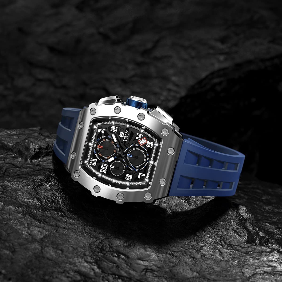 Luxury TSAR BOMBA Men's Square Chronograph Watch - 50M Waterproof, Sapphire Glass, Japan Quartz Movement (TMI VK67), Silicone Strap, Luminous Calendar - Classic Tonneau Design for Business, Formal & Casual Wear