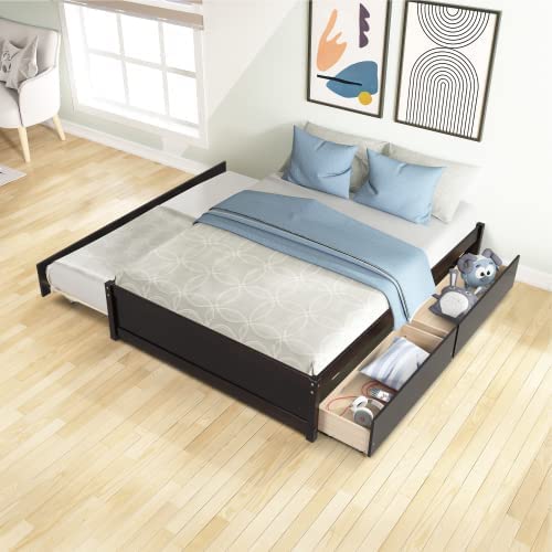 Rophefx Full Size Platform Bed with Twin Trundle and 2 Storage Drawers, Solid Wood Kids Bed Frame in Espresso Finish - Perfect for Small Bedrooms, Guest Rooms & Kids' Sleepovers