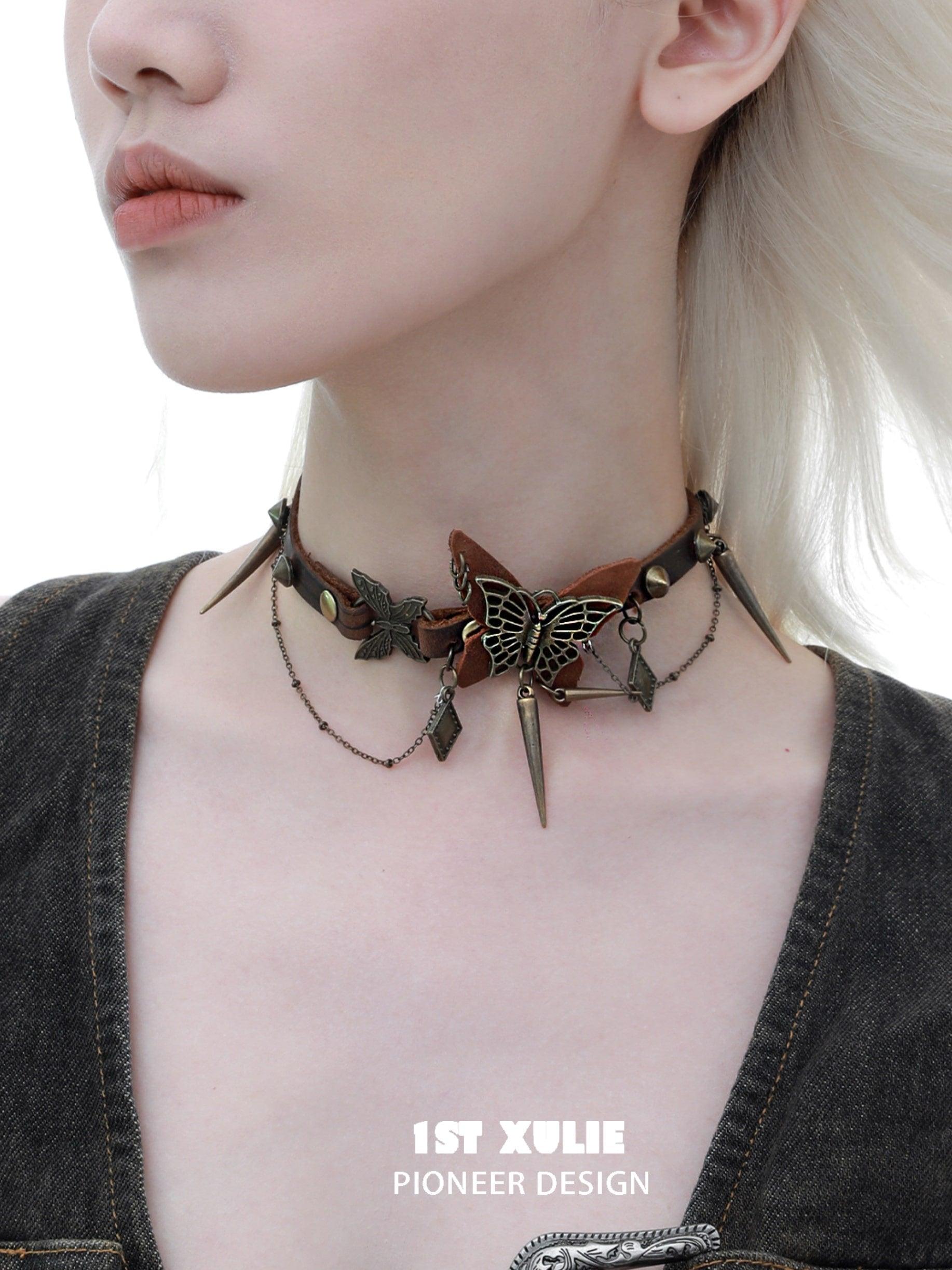 ButterflyWasteland Genuine Cowhide Butterfly Collar Choker Necklace for Women - Gothic Punk Fashion Accessory for Parties, Concerts & Photo Shoots