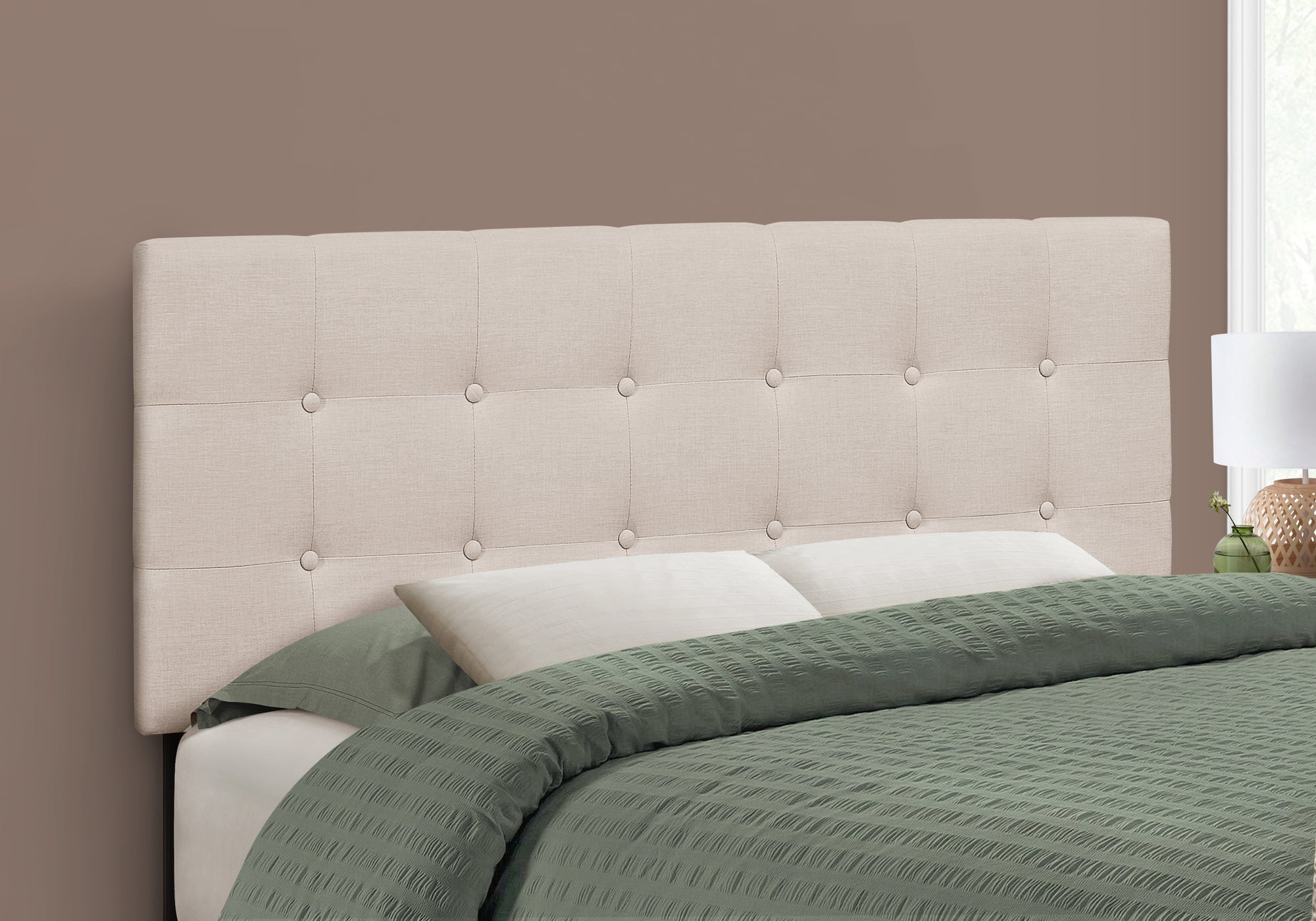 Full Size Beige Linen Headboard for Bed - Upholstered Fabric Headboard with Nailhead Trim - Perfect for Master Bedroom, Guest Room & Dorm Decor