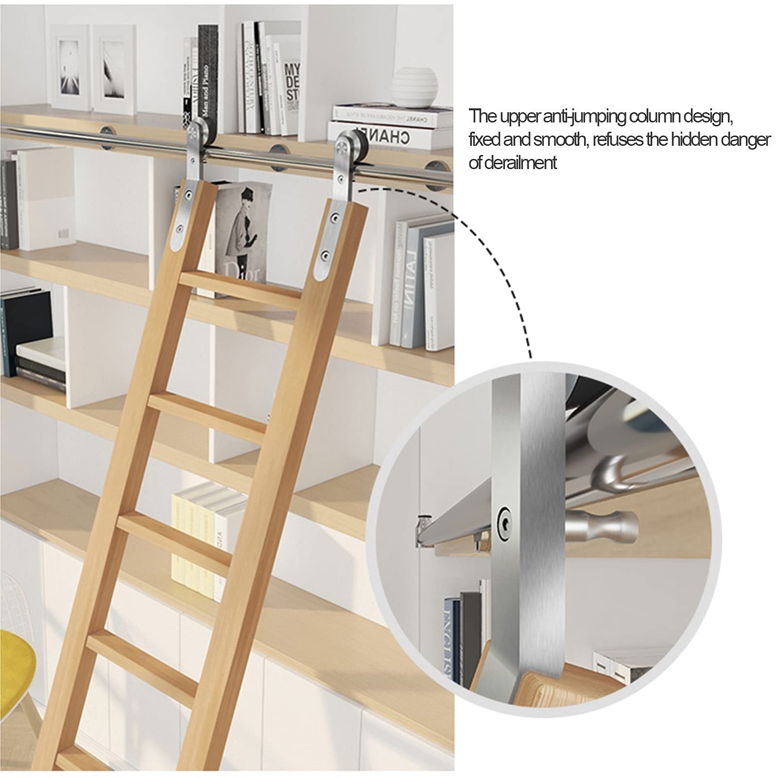 Stainless Steel Rolling Library Ladder Hardware Kit - Smooth Sliding Round Track/Rail System, No Ladder Needed | Perfect for Home Libraries, Bookstores & Office Shelving