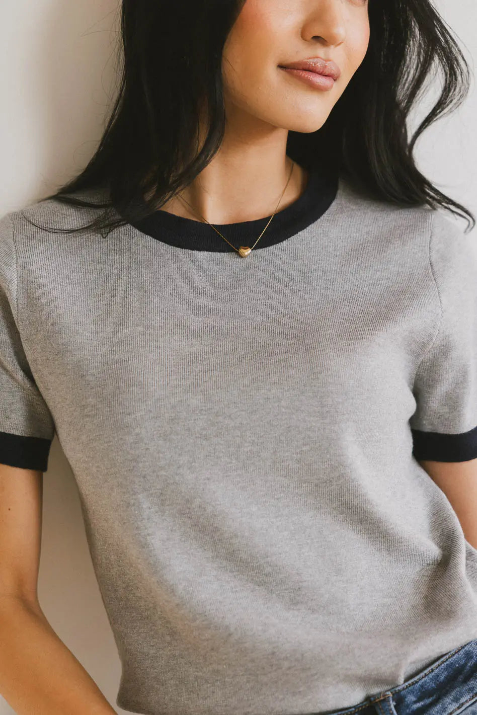 Women's Maddie Ringer Sweater Top in Grey - Soft Casual Pullover for Fall & Winter | Perfect for Office, Date Night & Weekend Outfits