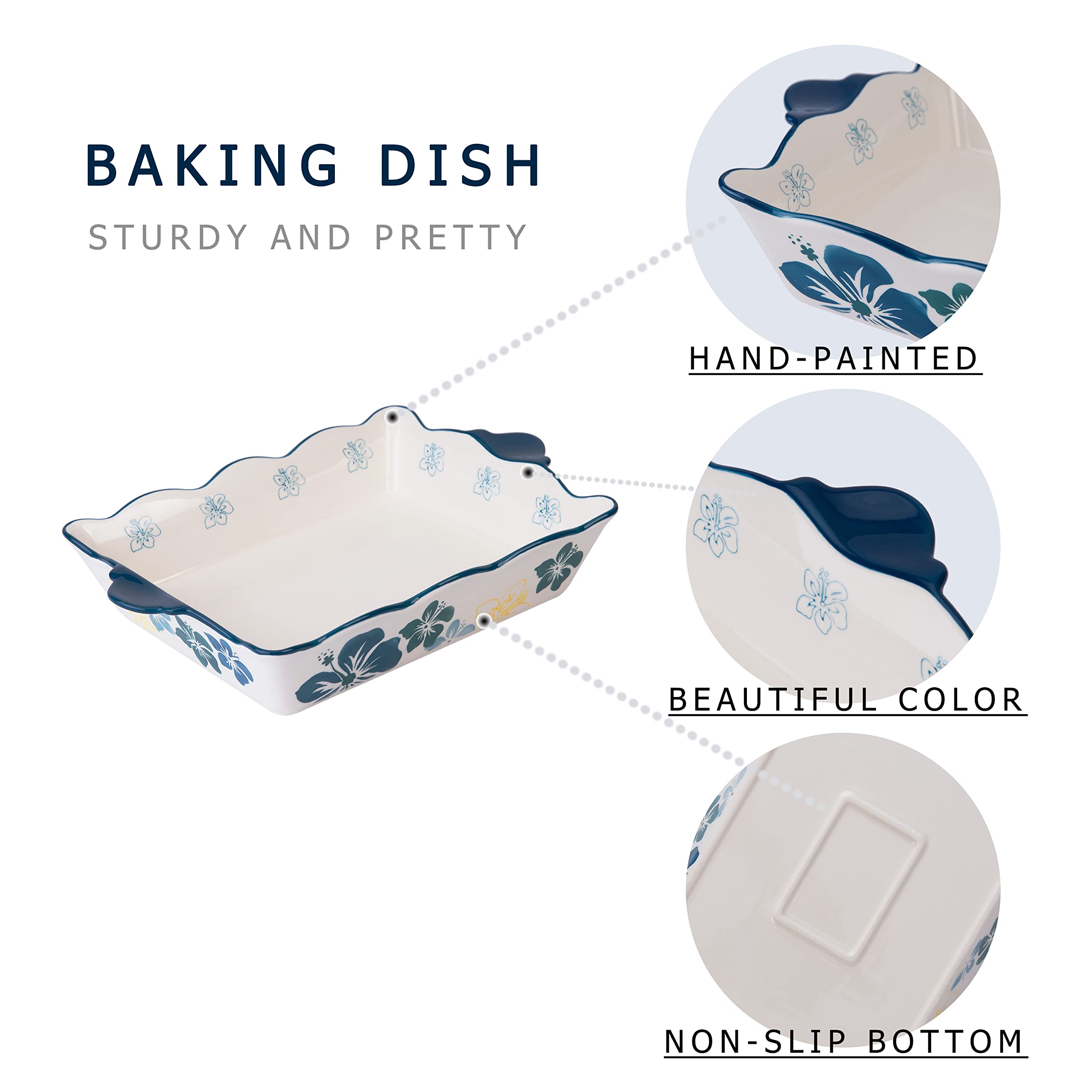 Blue Flower Ceramic Casserole Dish - 9x13 Inch Nonstick Lasagna Pan with Handles, Oven Safe Baking Dish for Cooking, Baking & Serving | Perfect for Lasagna, Casseroles, Roasts & Family Dinners