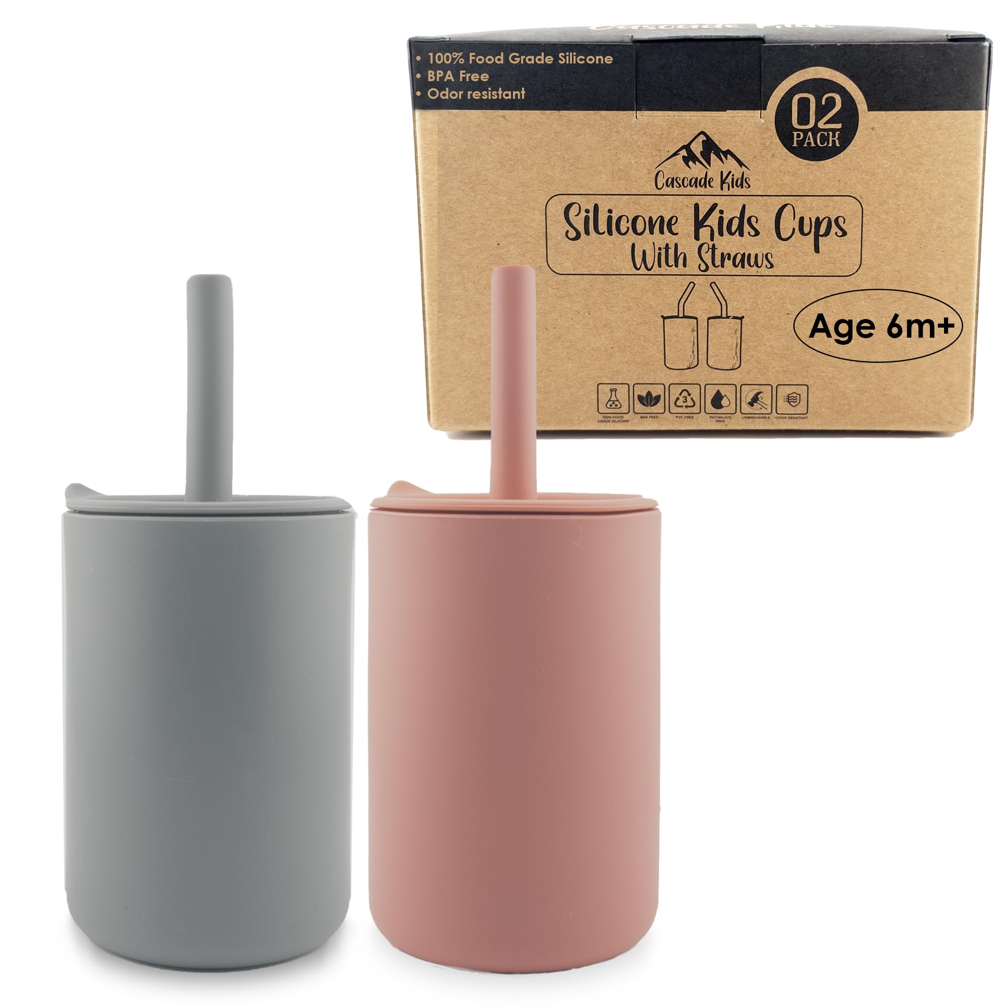 BPA-Free Silicone Toddler Cups with Straws - Unbreakable 6oz Baby Training Cups for Smoothies & Drinks - 2 Pack (Pink/Grey) - Ideal for Daycare, Travel & Mess-Free Learning 6+ Months