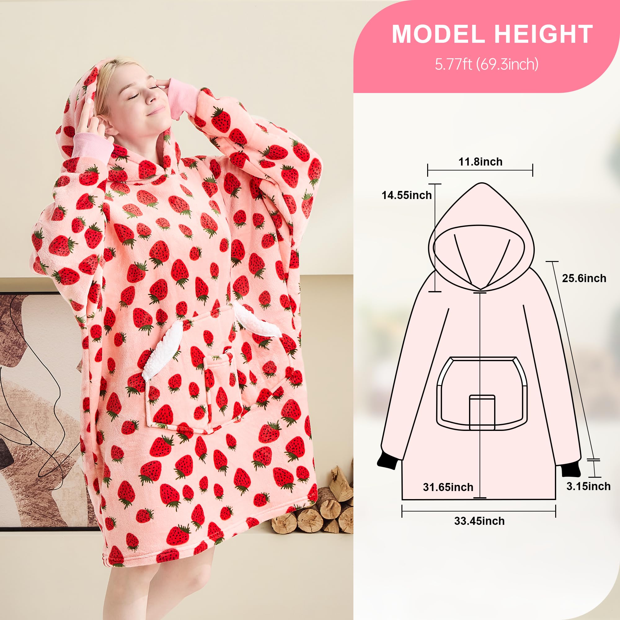 Cozy Oversized Sherpa Fleece Wearable Blanket Hoodie for Women - Warm Hooded Sweatshirt with Sleeves | Perfect Winter Gift & Lounge Wear for Home, Office, and Travel (Pink Strawberry)