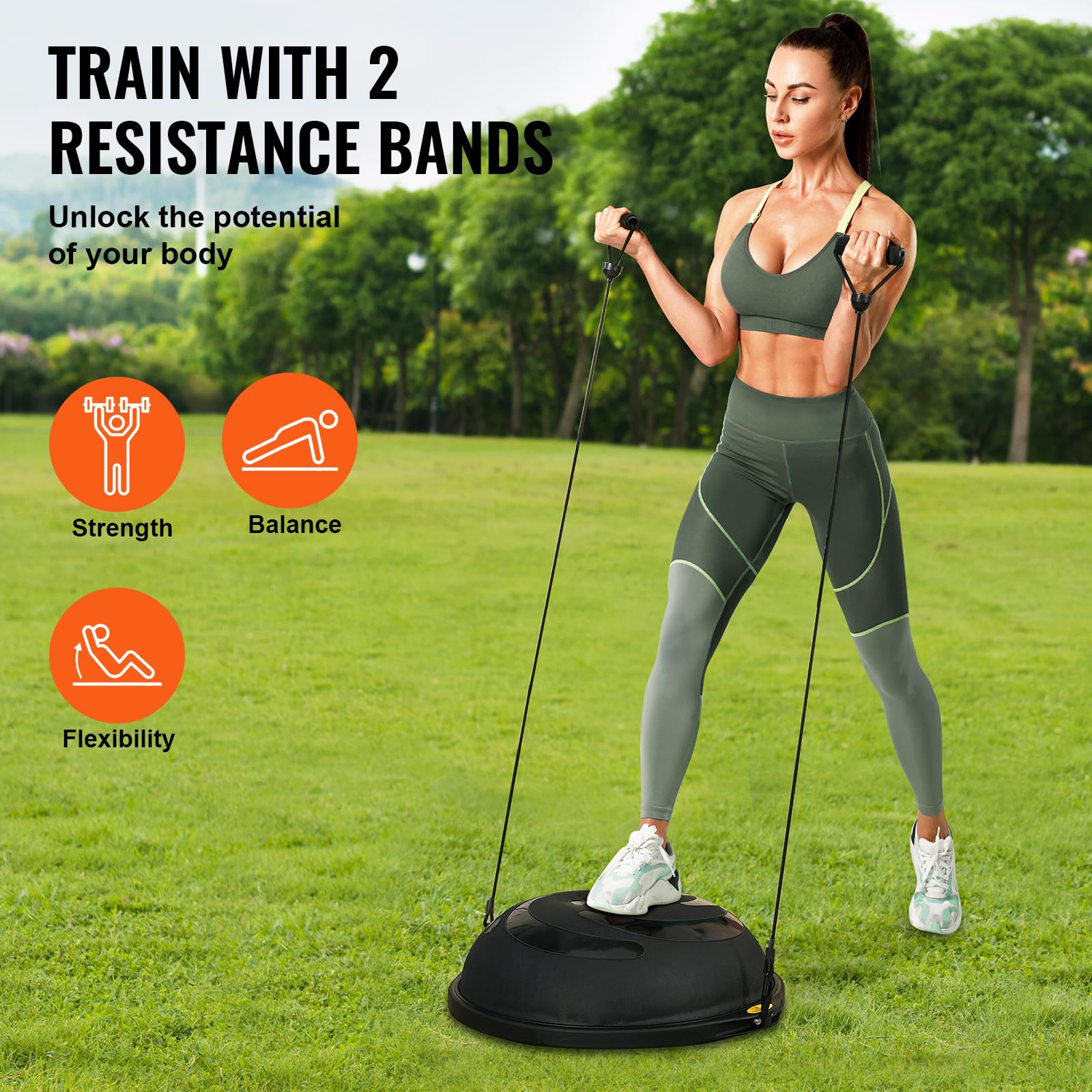 VEVOR 23/26 Inch Half Exercise Ball Trainer - 1500lbs Capacity Stability & Balance Ball with Resistance Bands & Foot Pump - Yoga Fitness Ball for Home Gym, Core Workouts, Pilates, Physical Therapy - Black