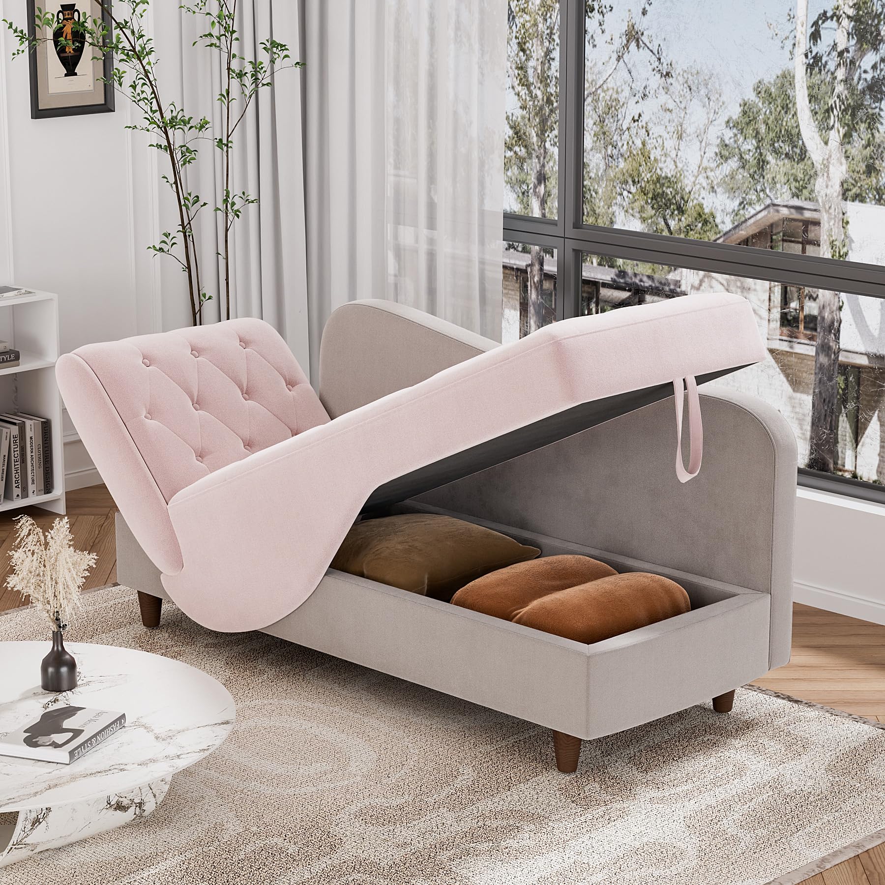 OUYESSIR Velvet Upholstered Adjustable Chaise Lounge Sofa with Storage & Pillow - Button Tufted Recliner for Living Room, Bedroom, Office (Pink/Gray) - Perfect for Small Space, Reading Nook & Home Theater Seating