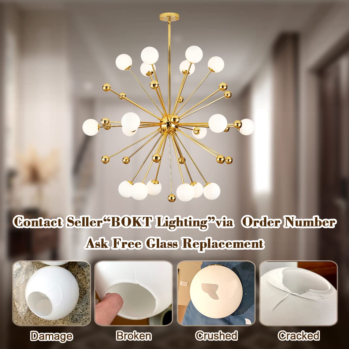 Modern Globe Chandelier - 18-Light Gold Sputnik Flush Mount Ceiling Light with White Glass Balls, Adjustable Height - Perfect for Dining Room, Living Room, Bedroom & Entryway Lighting