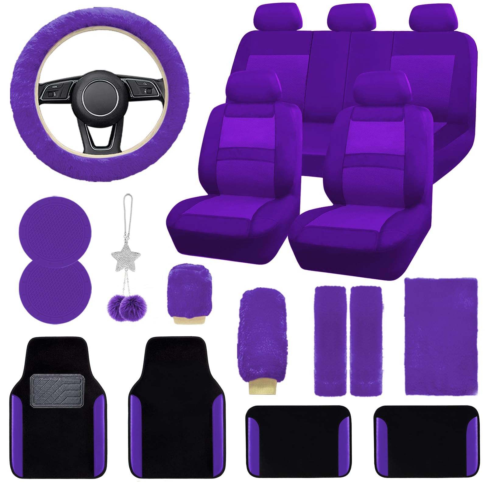 JINGSEN Universal Car Seat Cover Full Set with Waterproof Floor Mats - 3D Air Mesh Design & 5mm Composite Sponge Padding, Includes Fluffy Steering Wheel Cover (Purple) - Perfect for Women's Car Accessories & Daily Commute Protection