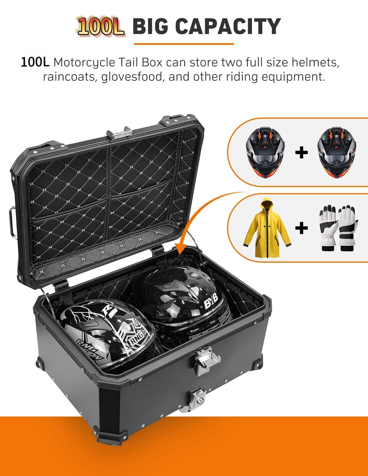 100L Waterproof Aluminum Motorcycle Top Case - Universal Motorcycle Luggage Trunk with Bracket Base Plate for Helmet & Storage | Durable Motorcycle Accessories for Touring, Commuting & Road Trips (Black)