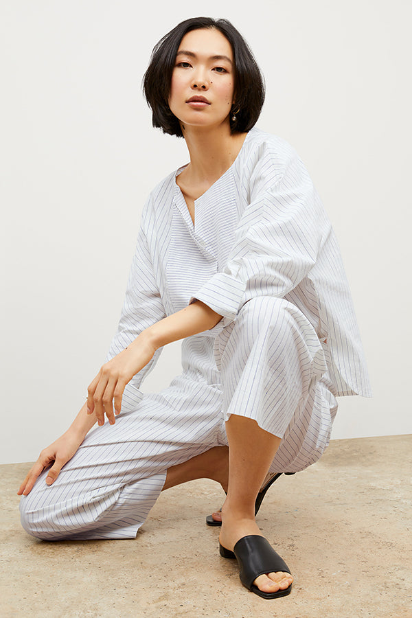 Madelyn Poplin Stripe Pants for Women - Blue & Ivory Casual Summer Trousers - Perfect for Office Wear, Weekend Outings & Beach Vacations