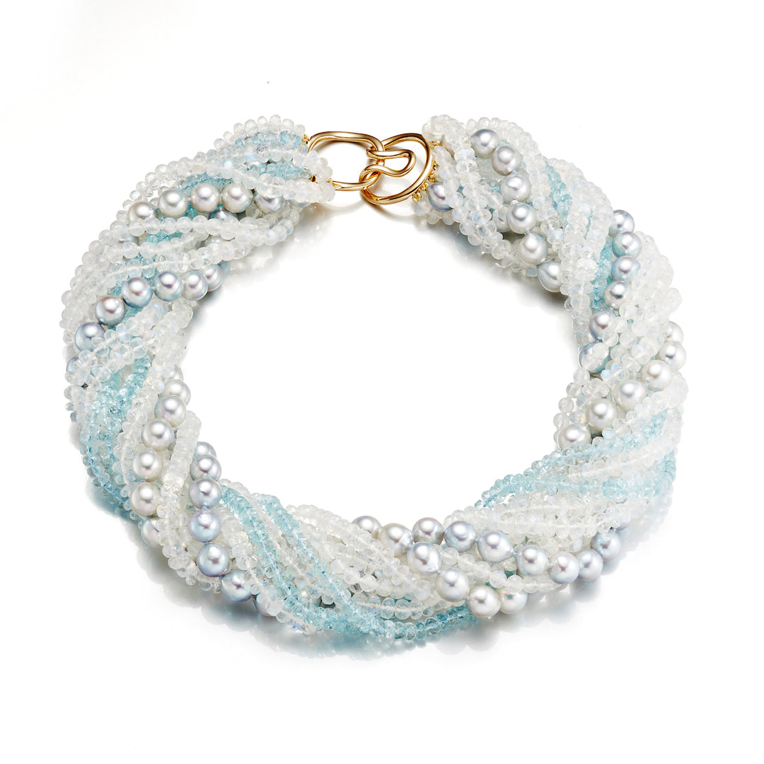 Blue Akoya Pearl, Moonstone & Aquamarine Twist Necklace - Elegant Handmade Jewelry for Women | Perfect for Weddings, Parties & Special Occasions