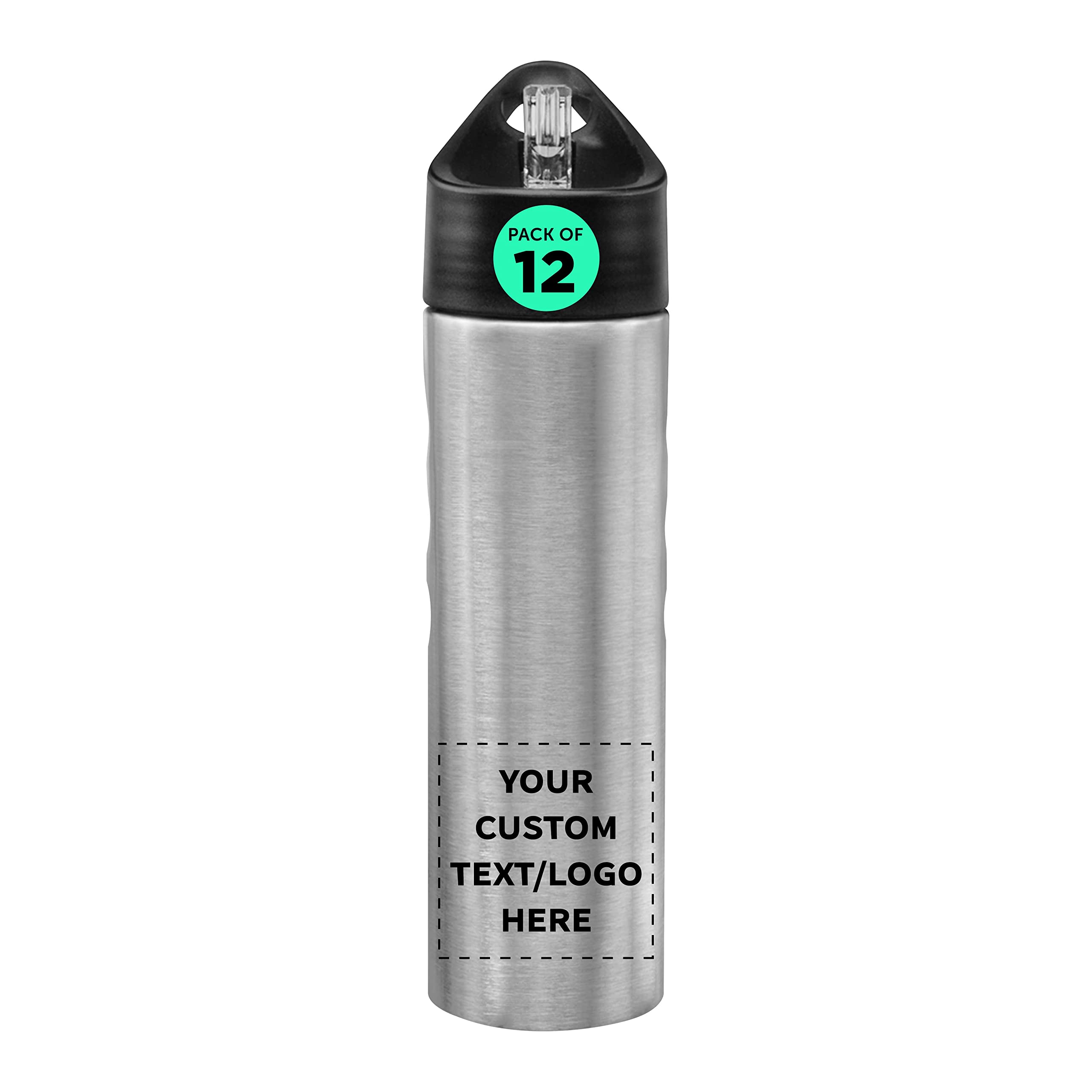 Custom Slim Stainless Steel Water Bottles 25oz (12 Pack) - Personalized Text & Logo - Reusable Gym & Sports Bottles - Bulk Pack Silver - Perfect for Workouts, Hiking, Office & School Hydration