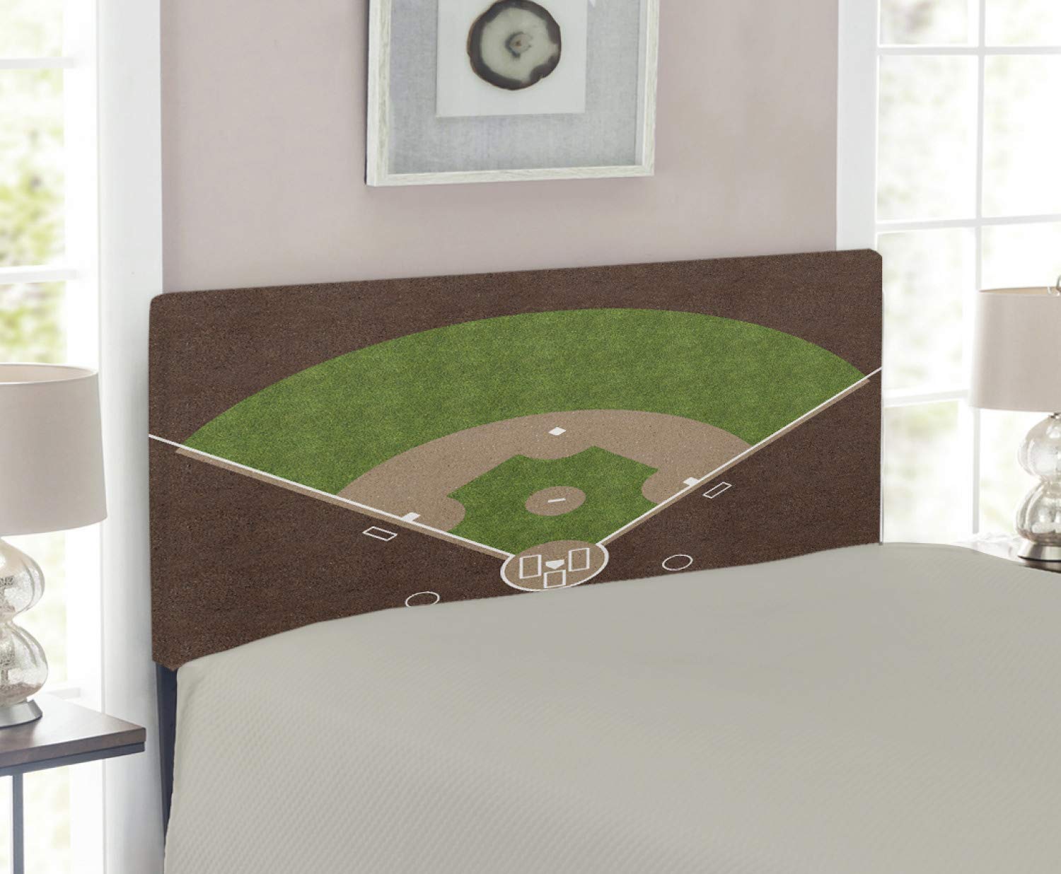 Lunarable Sports Headboard - American Baseball Field Design with White Markings on Grass Print, Upholstered Decorative Metal Bed Frame with Memory Foam - Twin Size in Lime Green & Chocolate Tan - Perfect for Sports-Themed Bedrooms, Kids Rooms, and Baseball Fan Decor