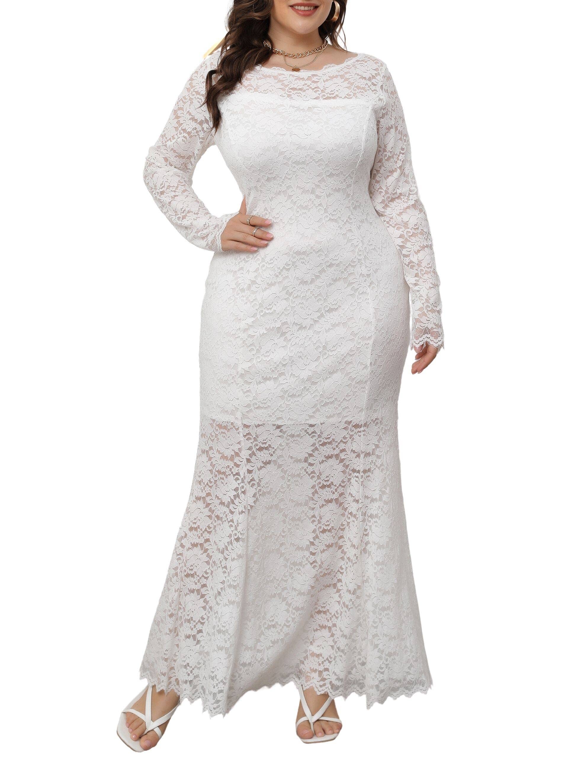 LERENSHA Women's Plus Size Lace Maxi Dress - Elegant Long Sleeve Formal Evening Gown for Wedding Guest, Bridesmaid & Cocktail Party | Perfect for Special Occasions, Holiday Events & Black Tie Gatherings