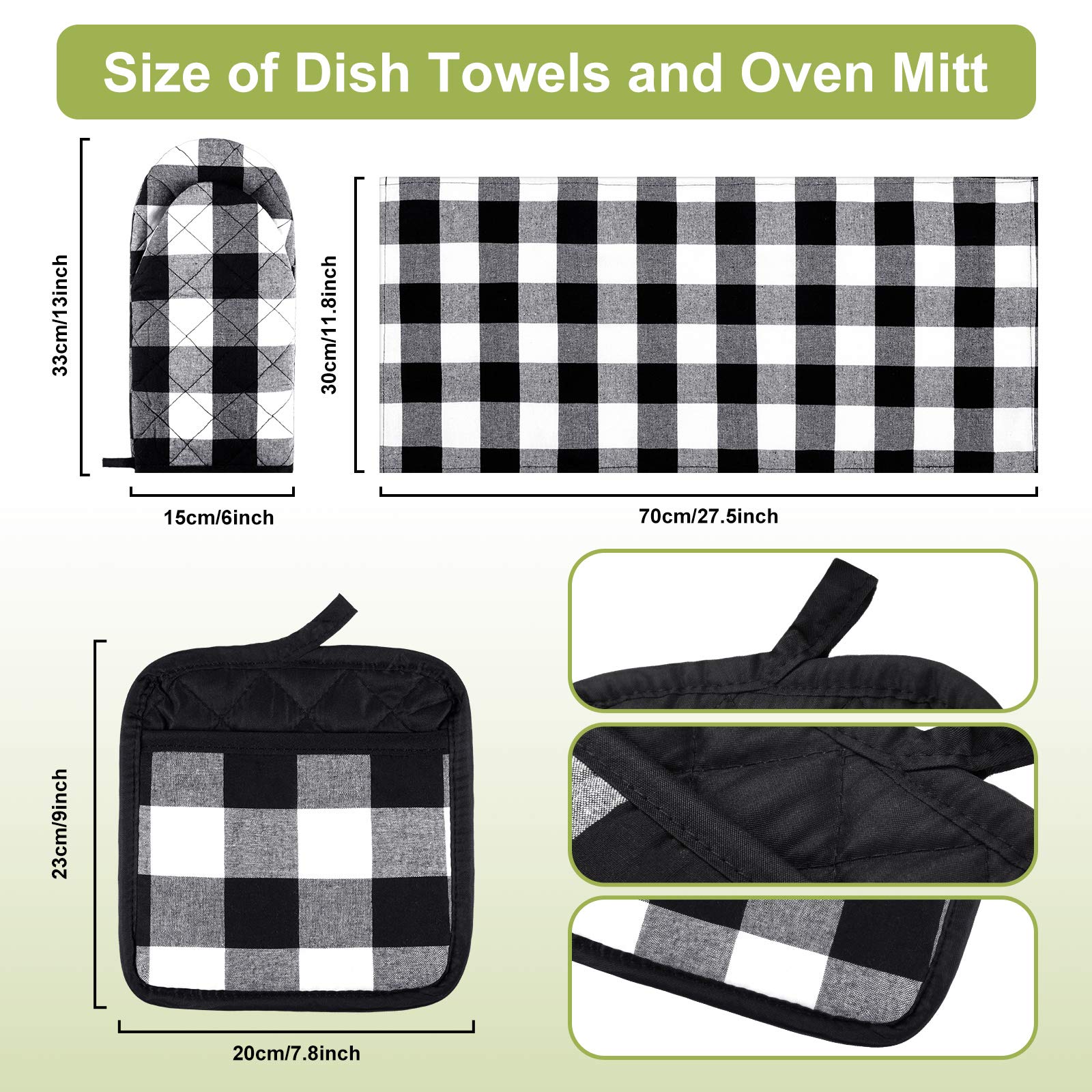 7-Piece Buffalo Check Kitchen Set - Cotton Plaid Dish Towels, Non-Slip Heat Resistant Oven Mitts & Pot Holders for Cooking, Baking, Grilling (Black & White) - Perfect for Holiday Decor & Rustic Farmhouse Kitchens