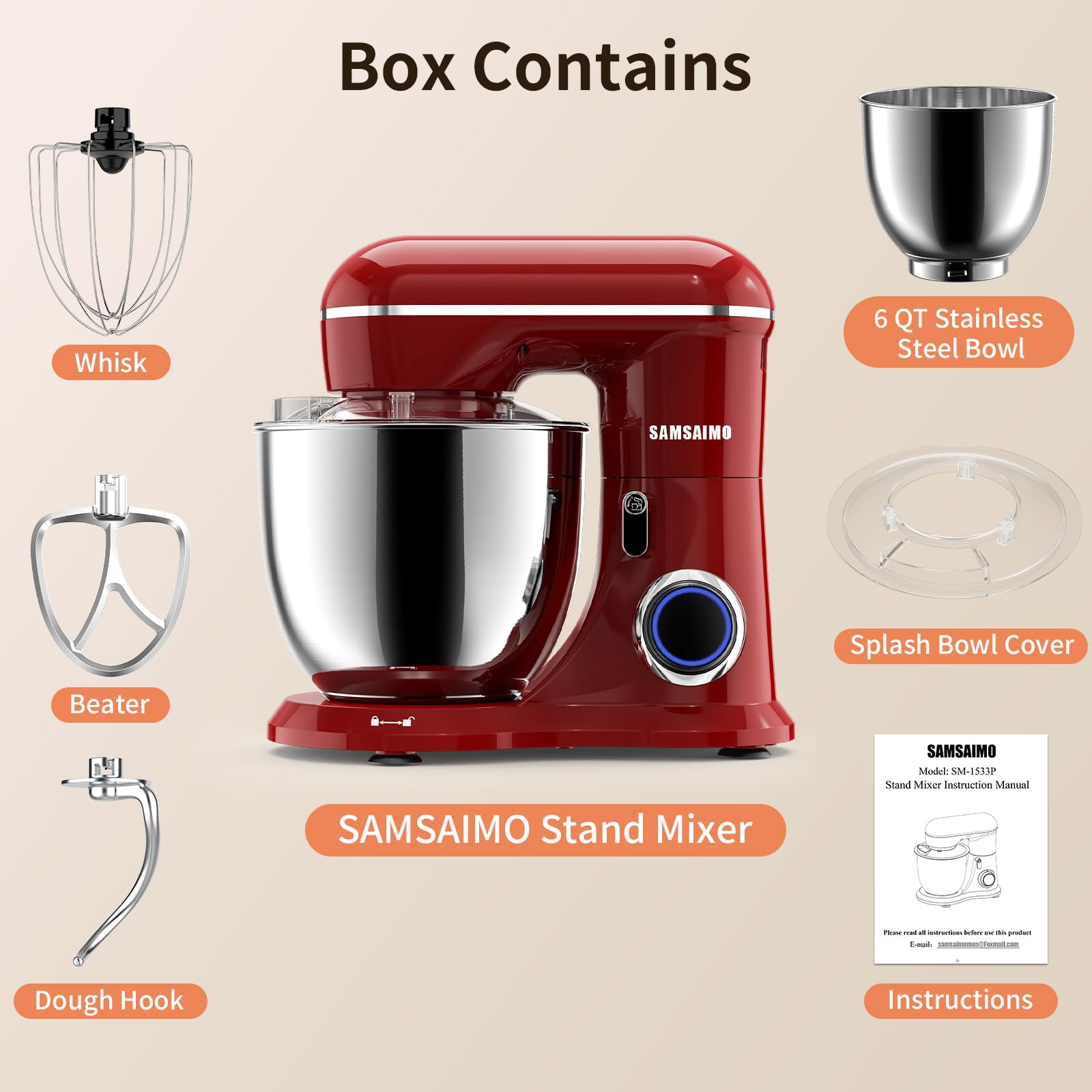 660W 10-Speed 3-in-1 Electric Stand Mixer with Pulse Button - Includes 6.5QT Stainless Steel Bowl, Dough Hook, Beater & Whisk - Perfect for Baking Cakes, Cookies, Bread & More - Empire Red Kitchen Mixer for Home Bakers