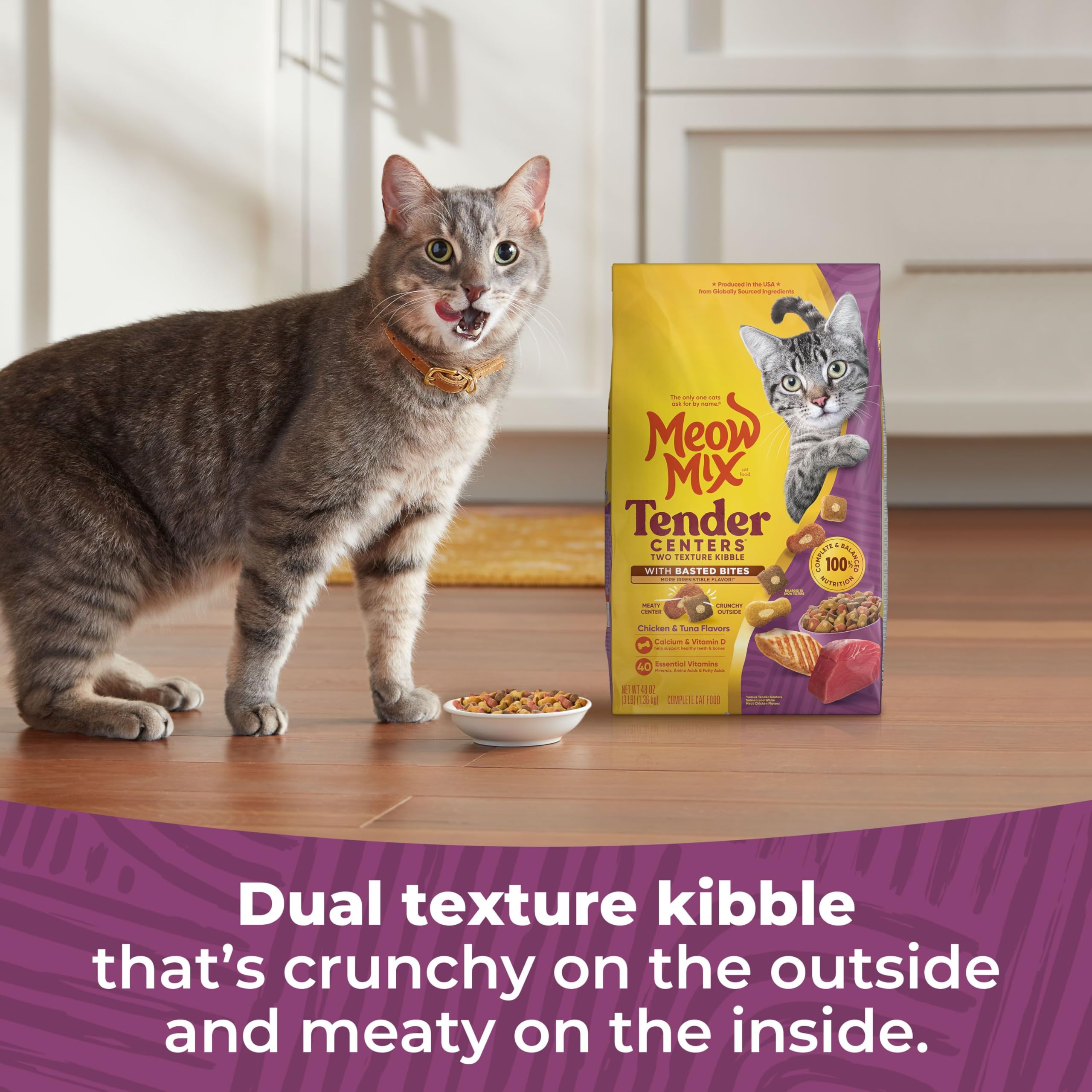 Meow Mix Tender Centers Basted Bites Chicken & Tuna Flavor Dry Cat Food - 3lb Bag, Crunchy Outside with Soft Meat Center - Perfect for Adult Cats & Kittens at Mealtime or as Treats