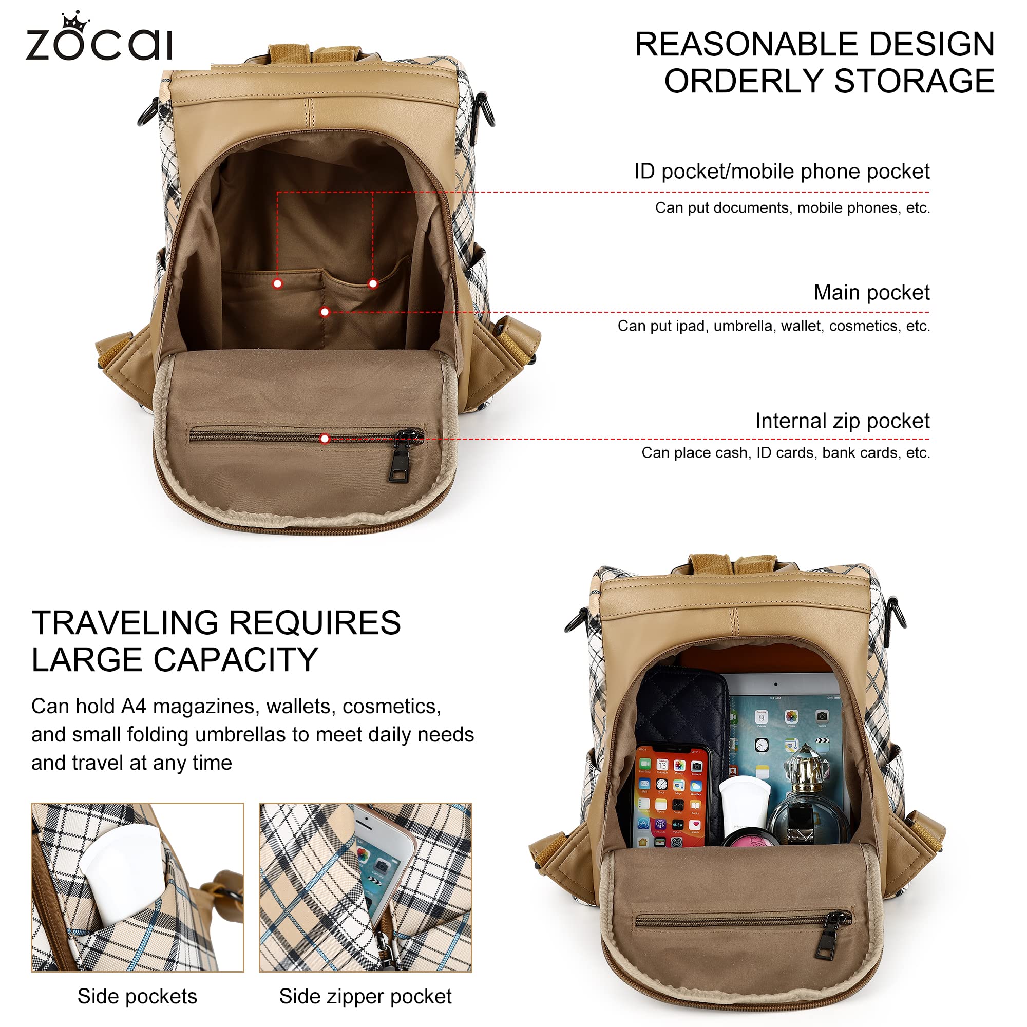 ZOCAI Women's Fashion PU Leather Backpack Purse - Anti-Theft Shoulder Bag & Satchel Daypack for Work, Travel & Daily Use