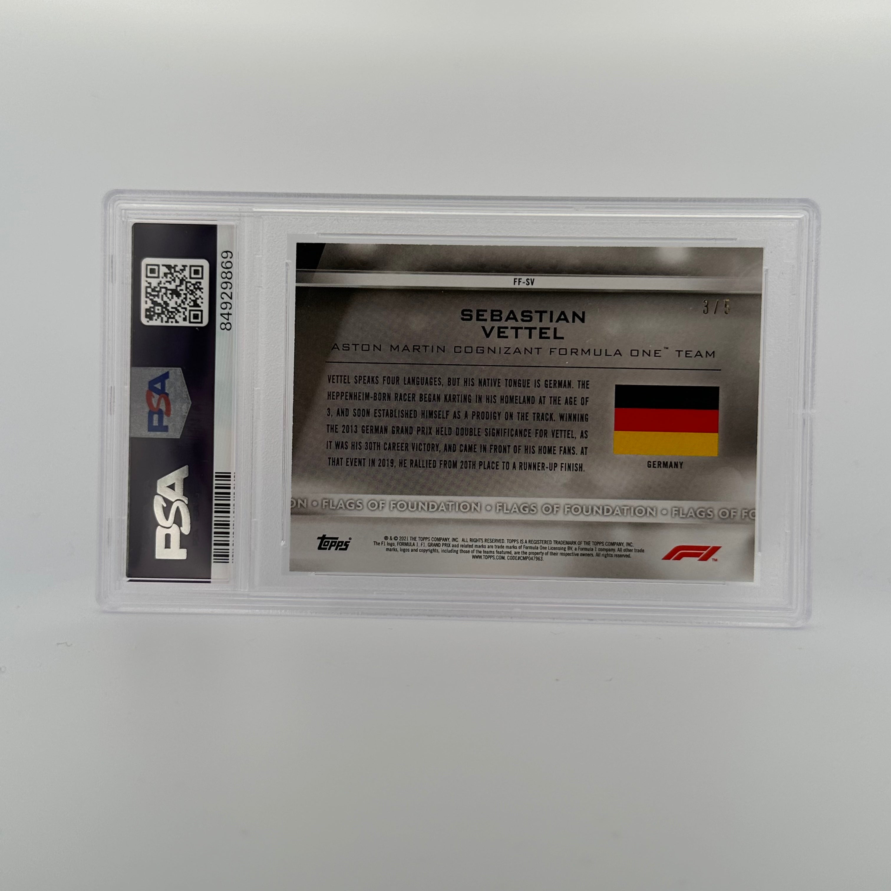 PSA 7 Sebastian Vettel #FF SV Flags Of Foundation Red - Rare F1 Racing Collectible Card for Fans & Memorabilia Enthusiasts