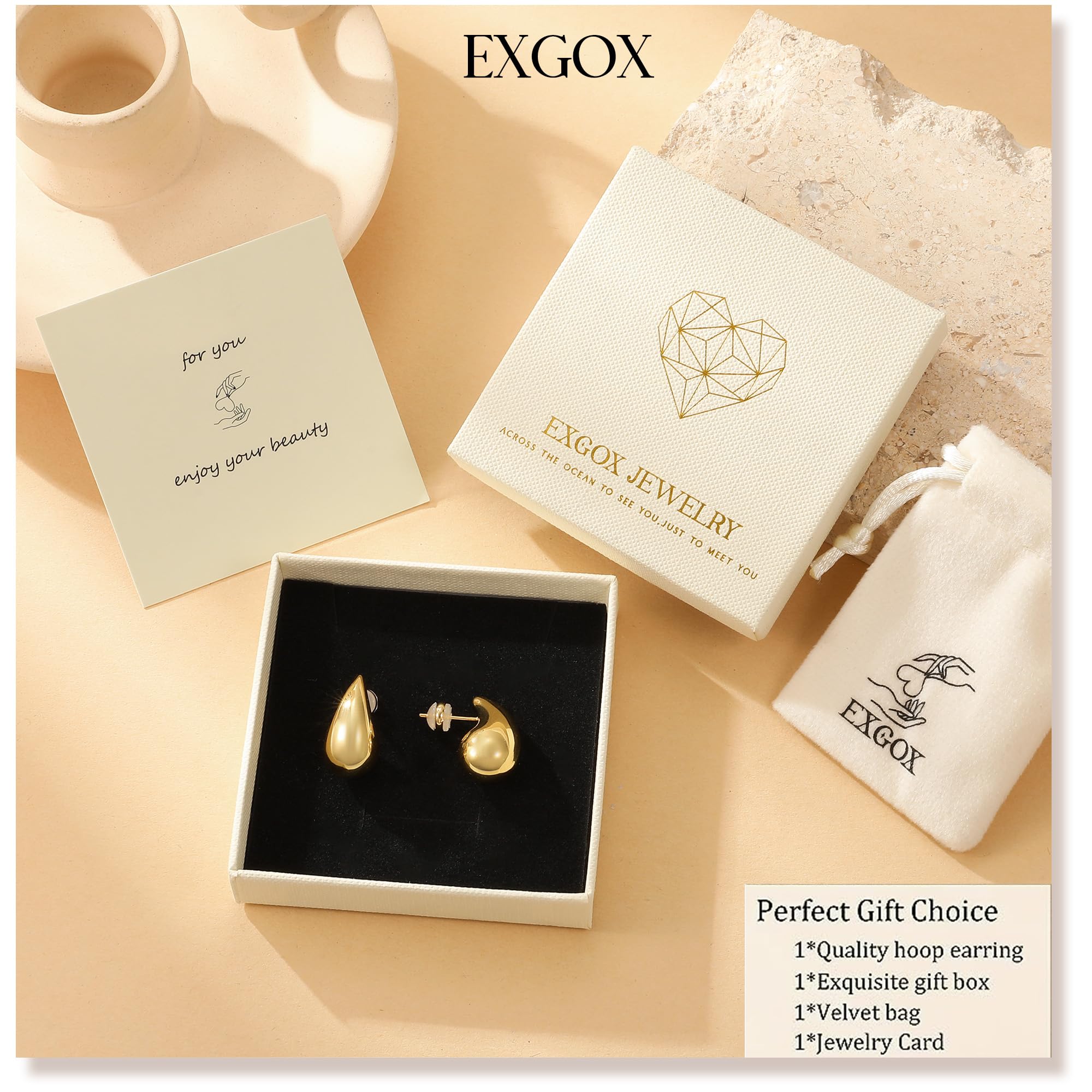 EXGOX Chunky Gold Hoop Earrings for Women - Lightweight Hypoallergenic Gold Plated Teardrop Drop Earrings - Thick Statement Jewelry Gift for Her - Perfect for Parties, Weddings & Everyday Wear