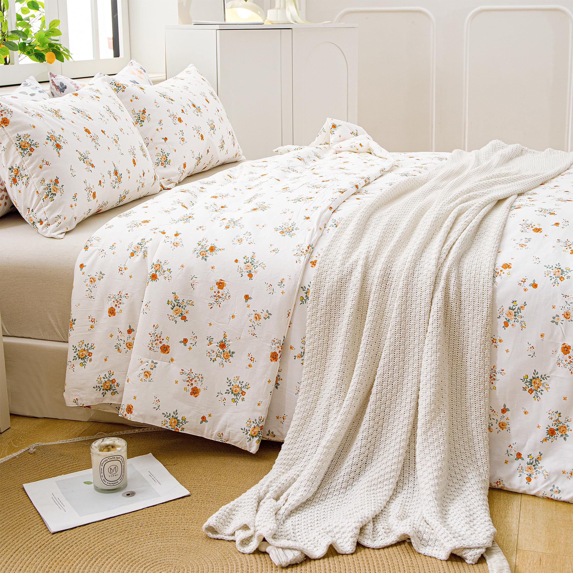 ATsense Queen Comforter Set - 3 Piece White Floral Botanical Bedding | All Season Soft Cotton Comforter with 2 Pillowcases | Perfect for Master Bedroom, Guest Room & Cozy Home Decor