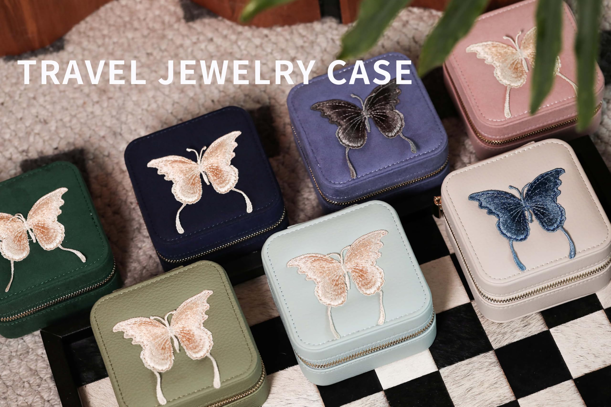 S.Leaf Portable Jewelry Organizer Box for Women - Mini Travel Jewelry Case with Butterfly Design (Lychee Fade Green/Blue) | Perfect for Vacation, Business Trips & Daily Storage