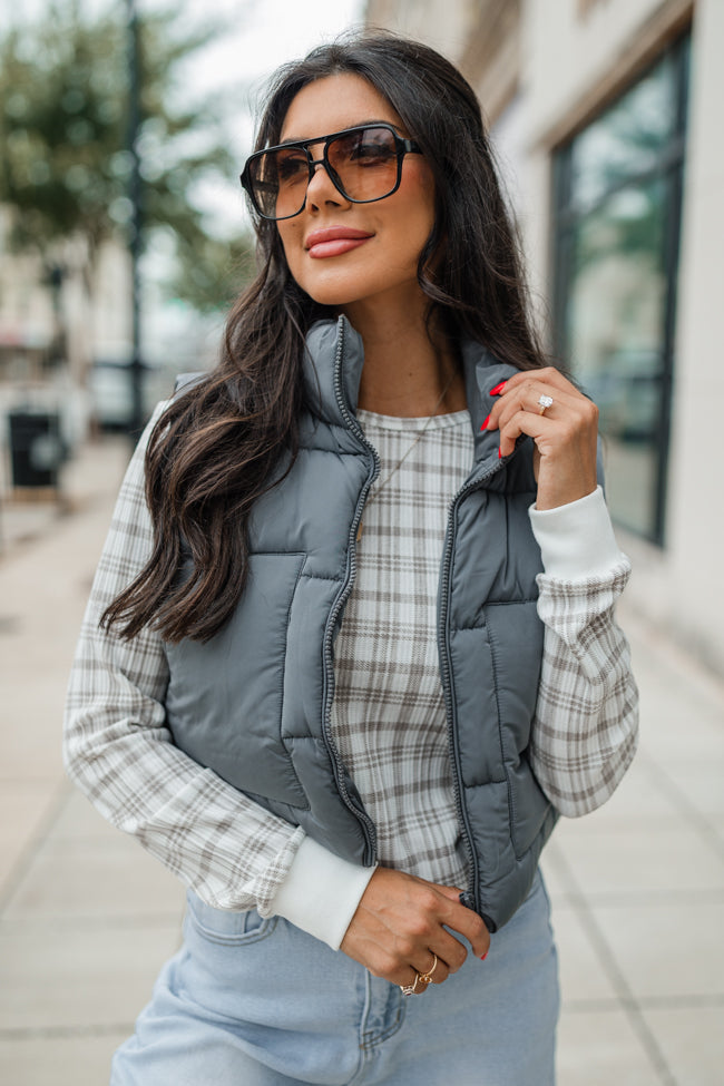 Women's Slate Cropped Puffer Vest - Lightweight Quilted Winter Jacket for Outdoor Activities, Travel & Casual Wear | FINAL SALE