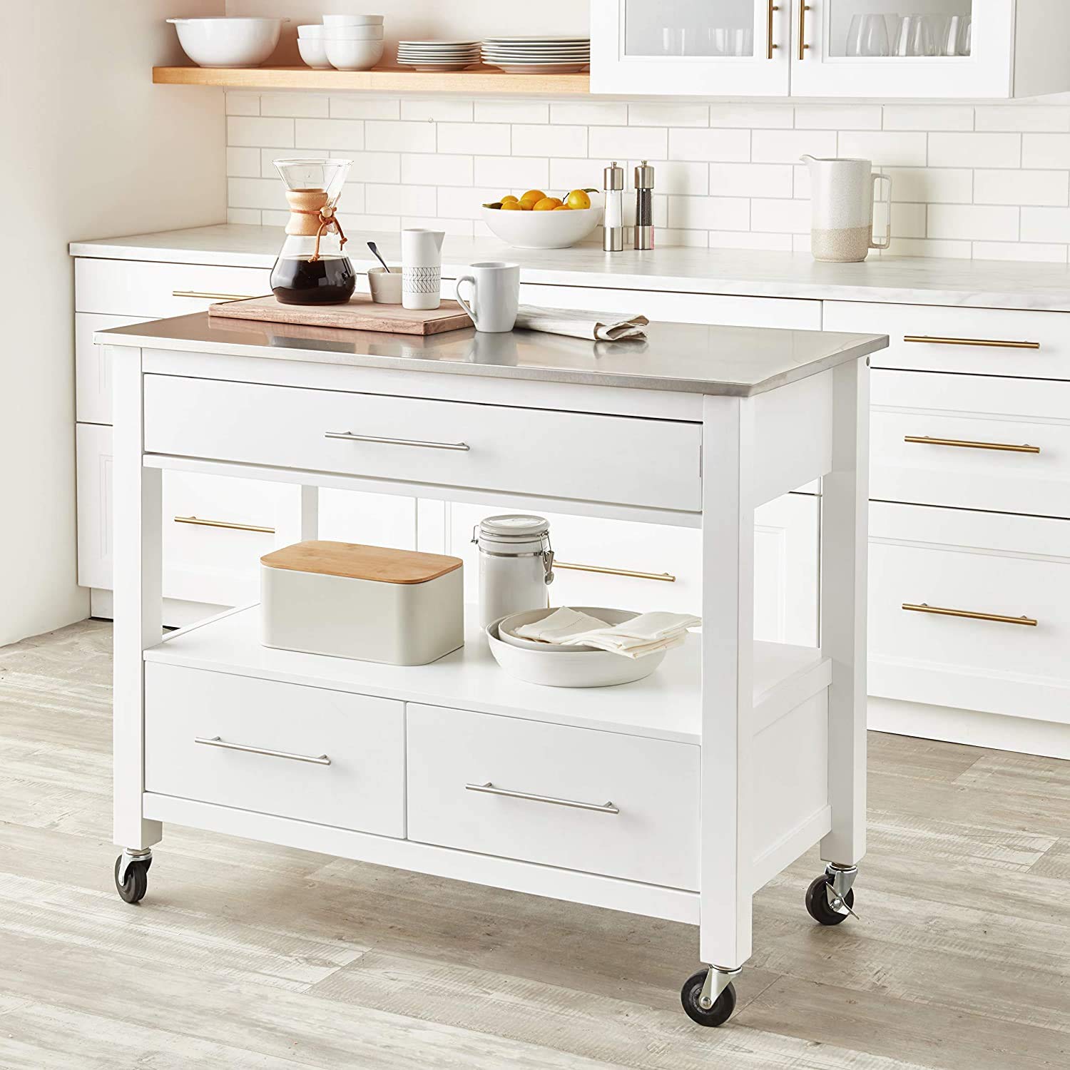 Stainless Steel & White Bar Cart - Kitchen Serving Cart with Wheels for Wine, Beverage & Dining Room - Mobile Bar Cart for Home, Party & Entertaining