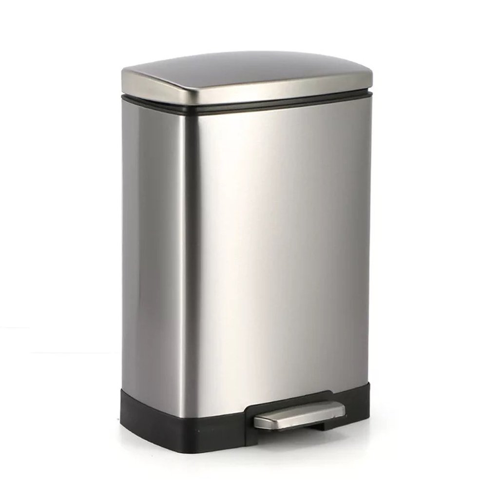 Stainless Steel Trash Can 12L - European Simple Rectangular Design, Silent Pedal Office & Home Kitchen Bathroom Bedroom Garbage Bin (Silver) | Perfect for Waste Disposal in Living Rooms, Kitchens & Workspaces