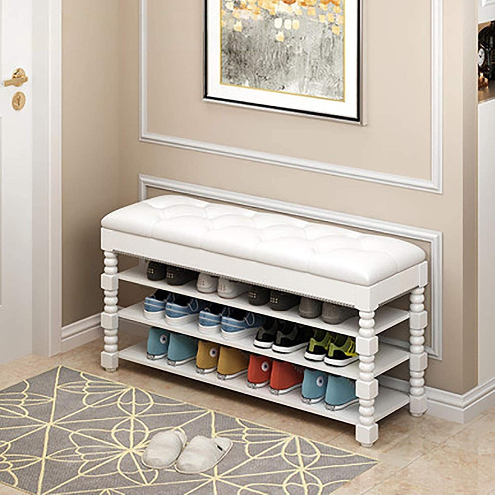 Solid Wood Entryway Storage Bench with Shoe Rack - Multifunctional Foot Stool, Seat & Ottoman for Hallway, Living Room & Bedroom Organization