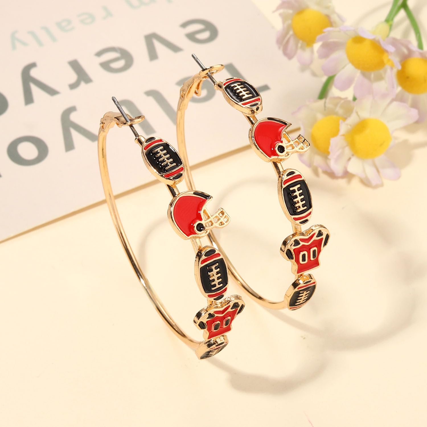 Football Earrings for Women - Red & Black Enamel Hoop Earrings, Football Mom Gifts, Game Day Accessories, Sport Team Outfits - Perfect for Game Day Parties, Football Mom Outfits, and Sport Fan Gifts